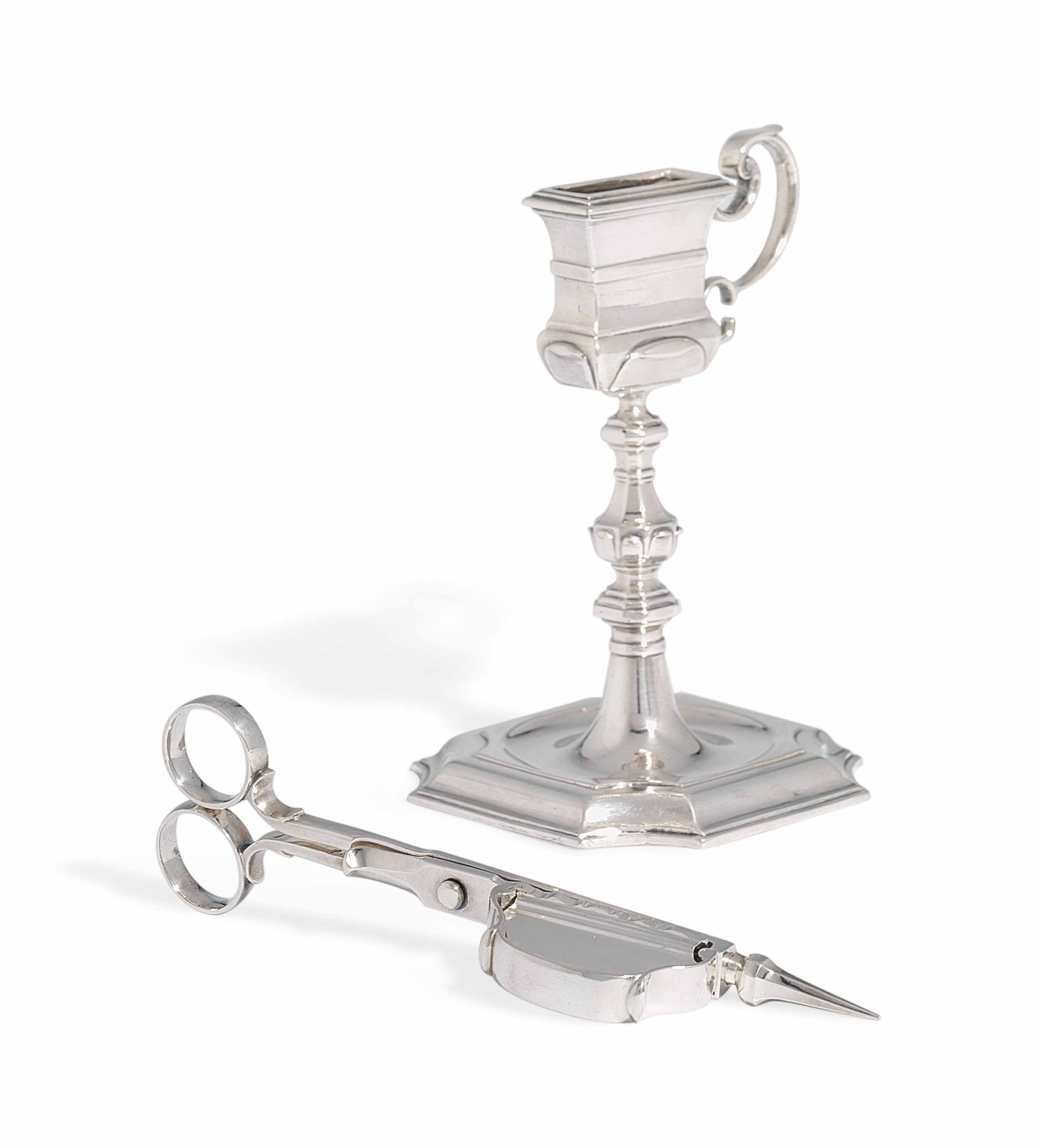A PAIR OF DUTCH SILVER CANDLESNUFFERS AND STAND , THE STAND WITH MARK