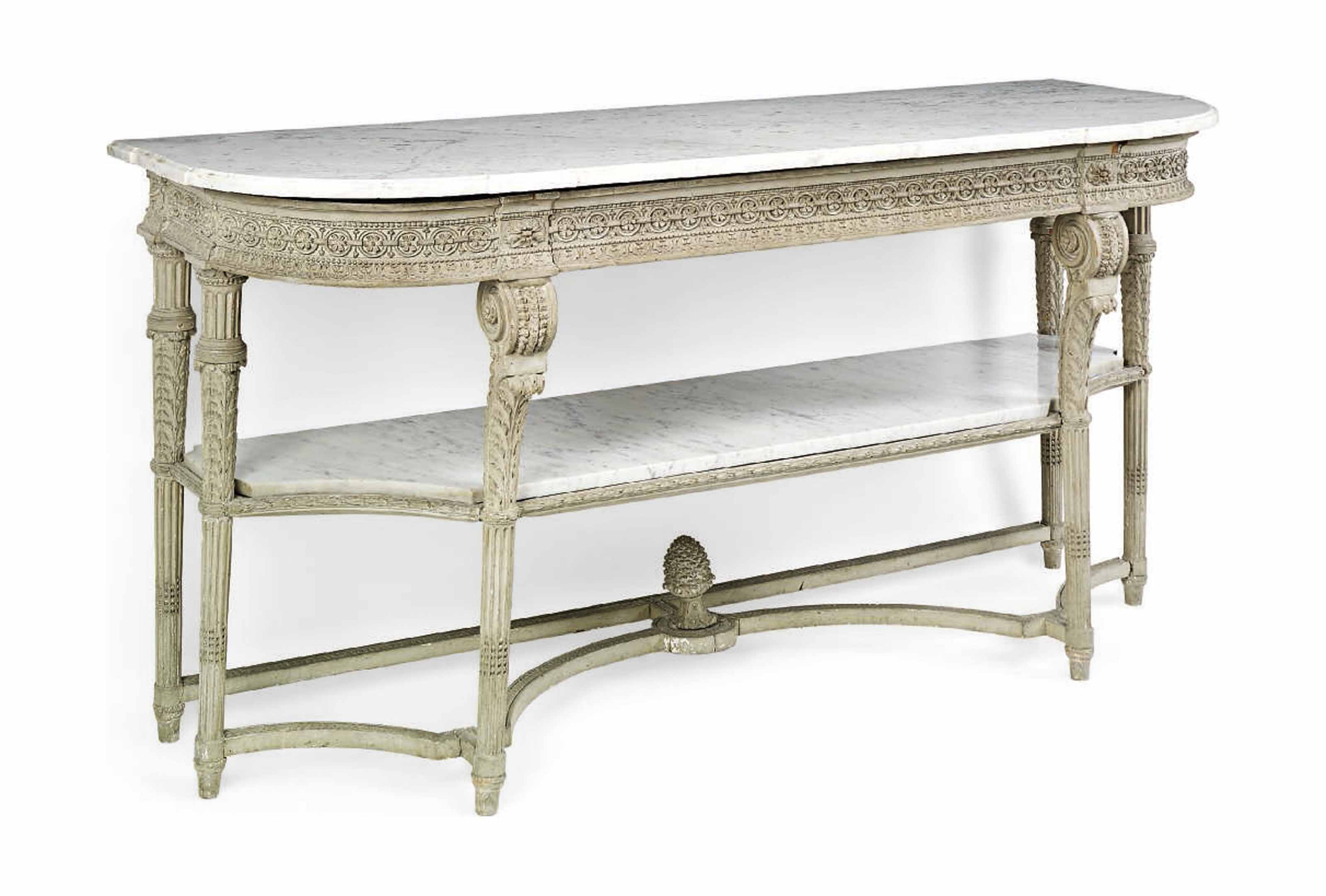 A FRENCH GREYPAINTED CONSOLE TABLE