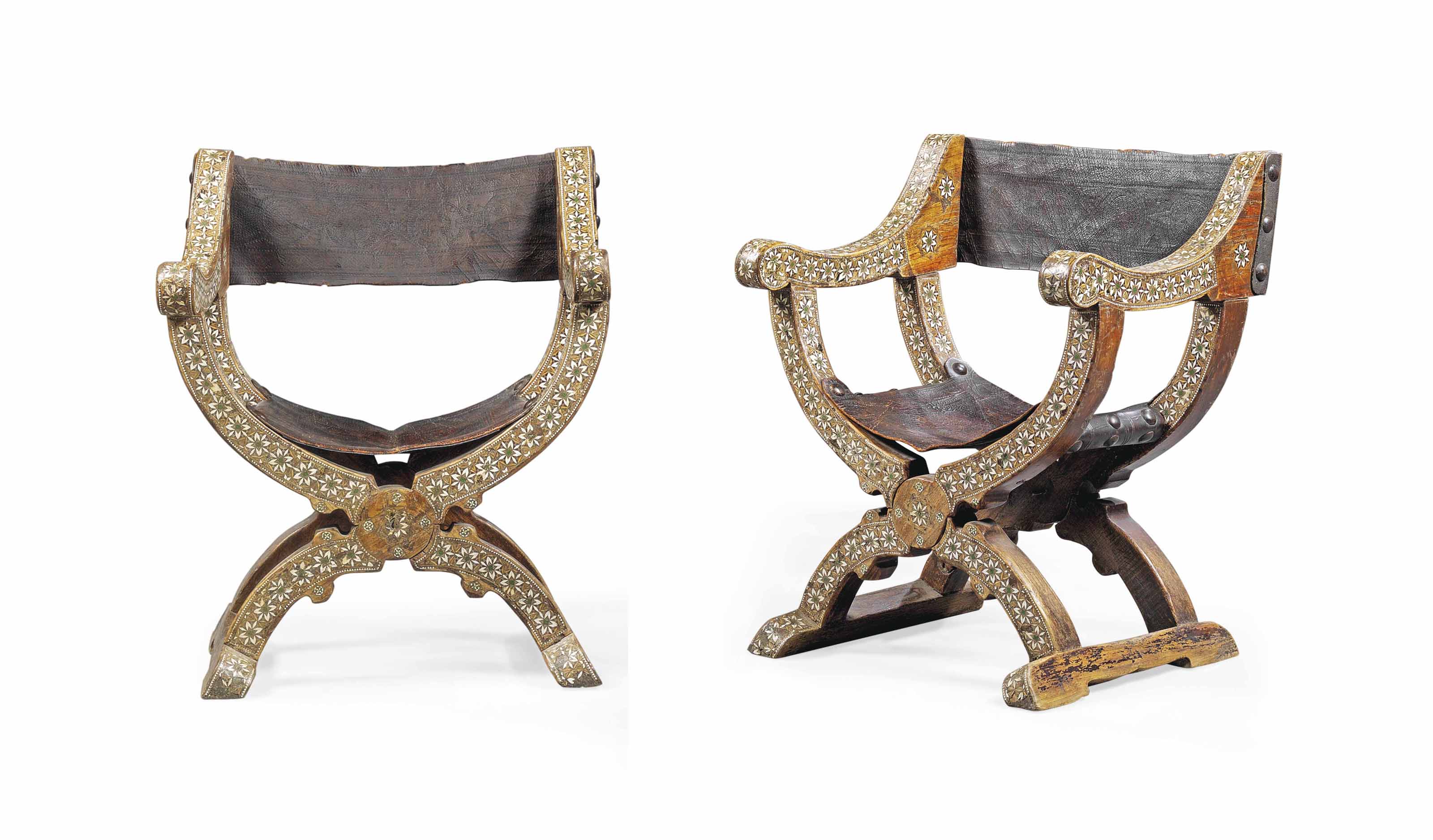A PAIR OF "MOORISH" IVORY AND HARDWOOD VENEERED FOLDING CHAIRS , SPAIN