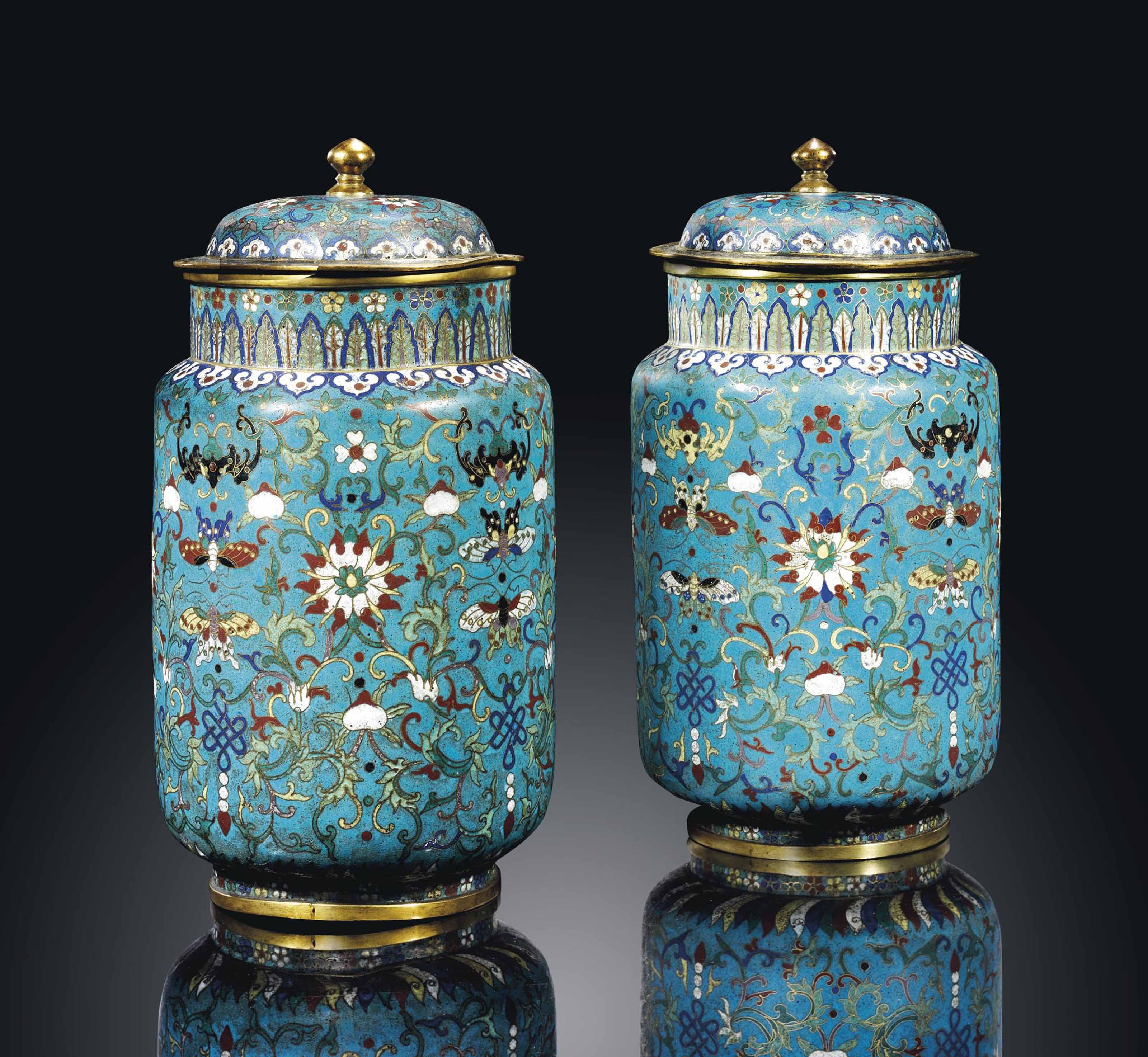 A PAIR OF CLOISONNÉ ENAMEL VASES AND COVERS
