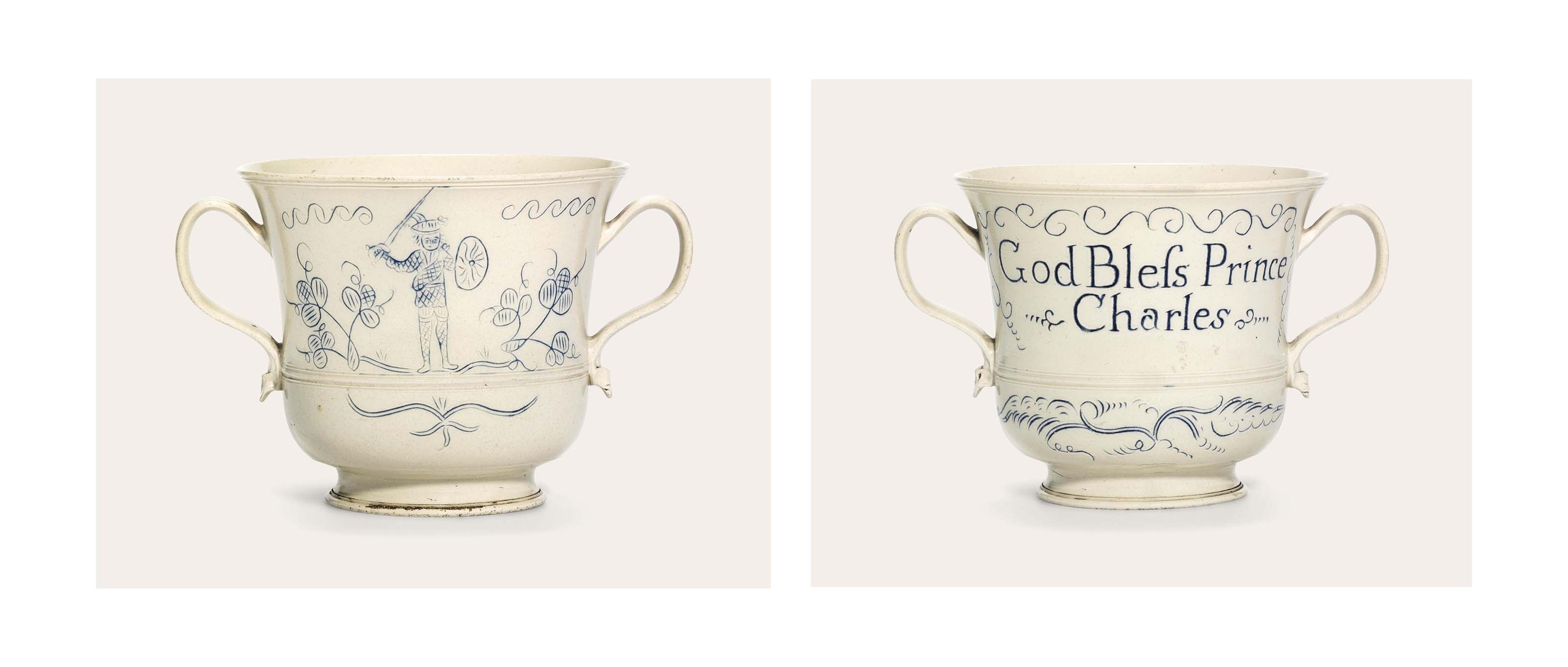 A STAFFORDSHIRE SALTGLAZE STONEWARE 'SCRATCHBLUE' JACOBITE LOVINGCUP