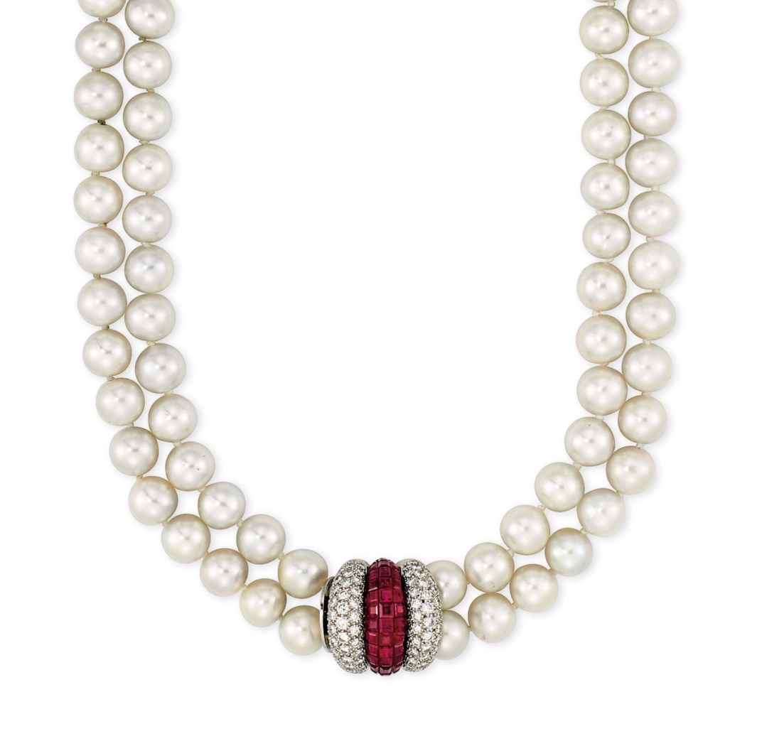 A CULTURED PEARL, RUBY AND DIAMOND NECKLACE Christie's