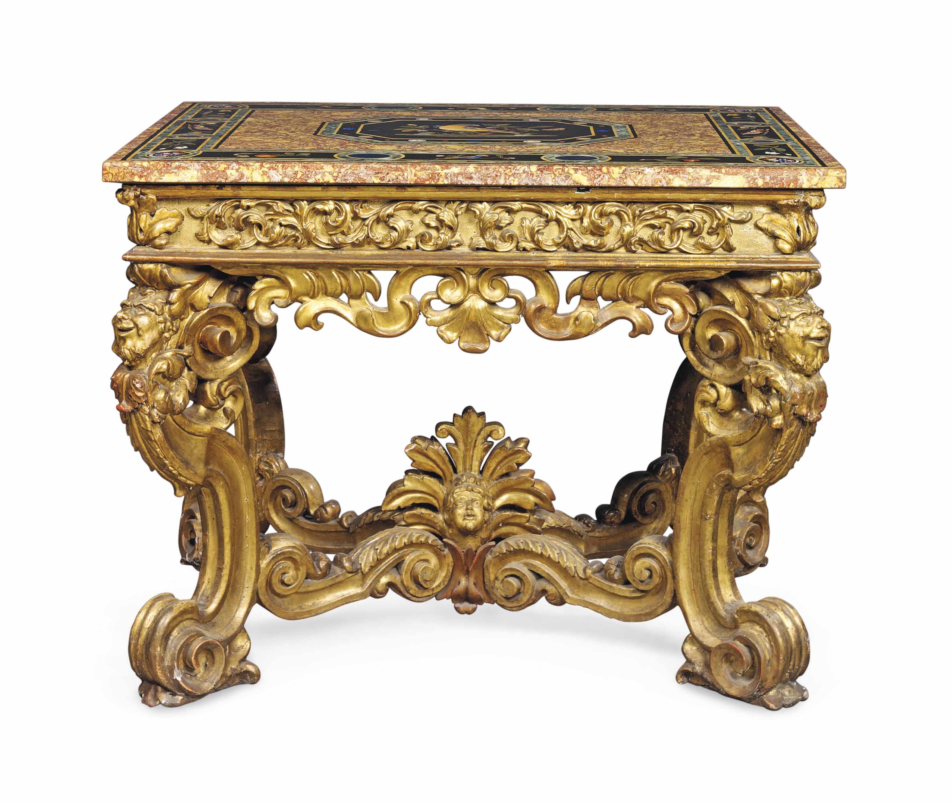 AN ITALIAN PIETRA DURA, SPECIMEN MARBLE AND GILTWOOD ...