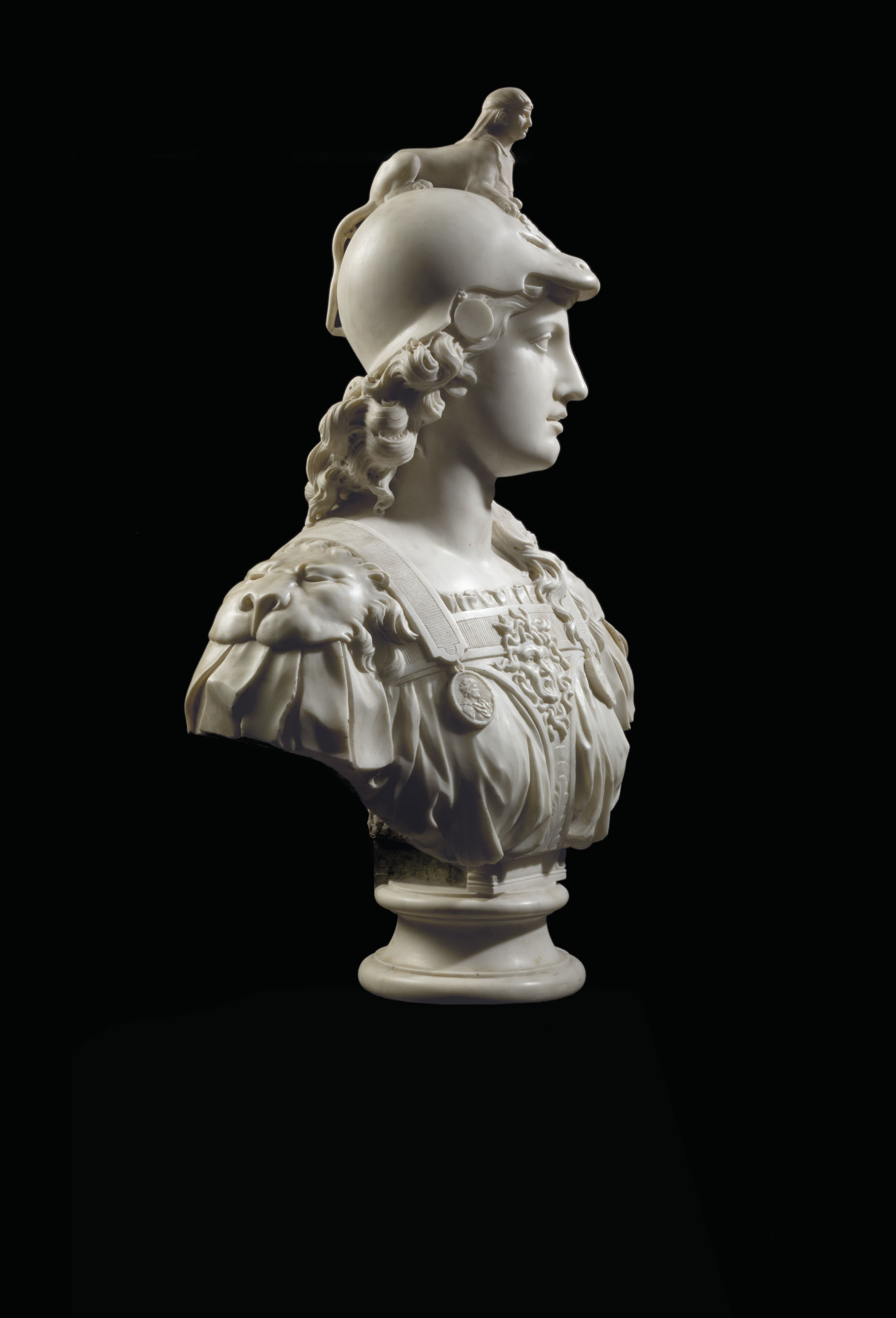 A CARVED MARBLE BUST OF MINERVA , ITALIAN, PROBABLY ROMAN, CIRCA 1640 ...