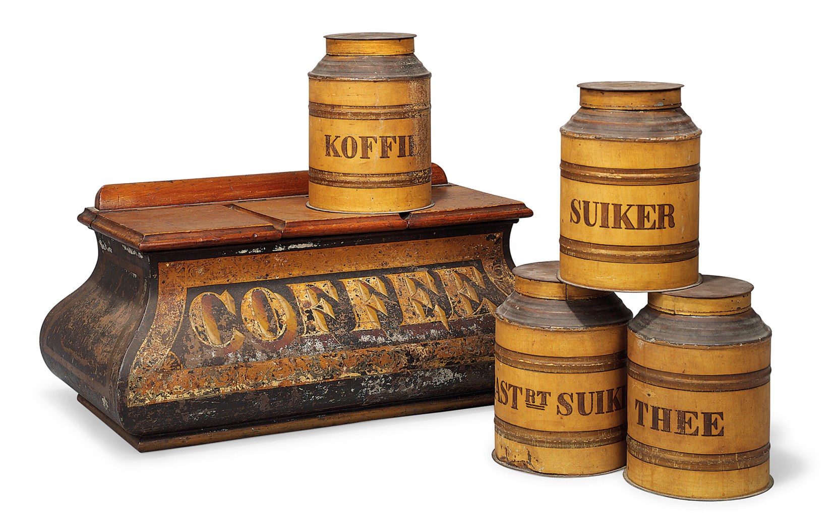 A VICTORIAN WALNUT AND TOLEPEINTE COFFEE CANISTER