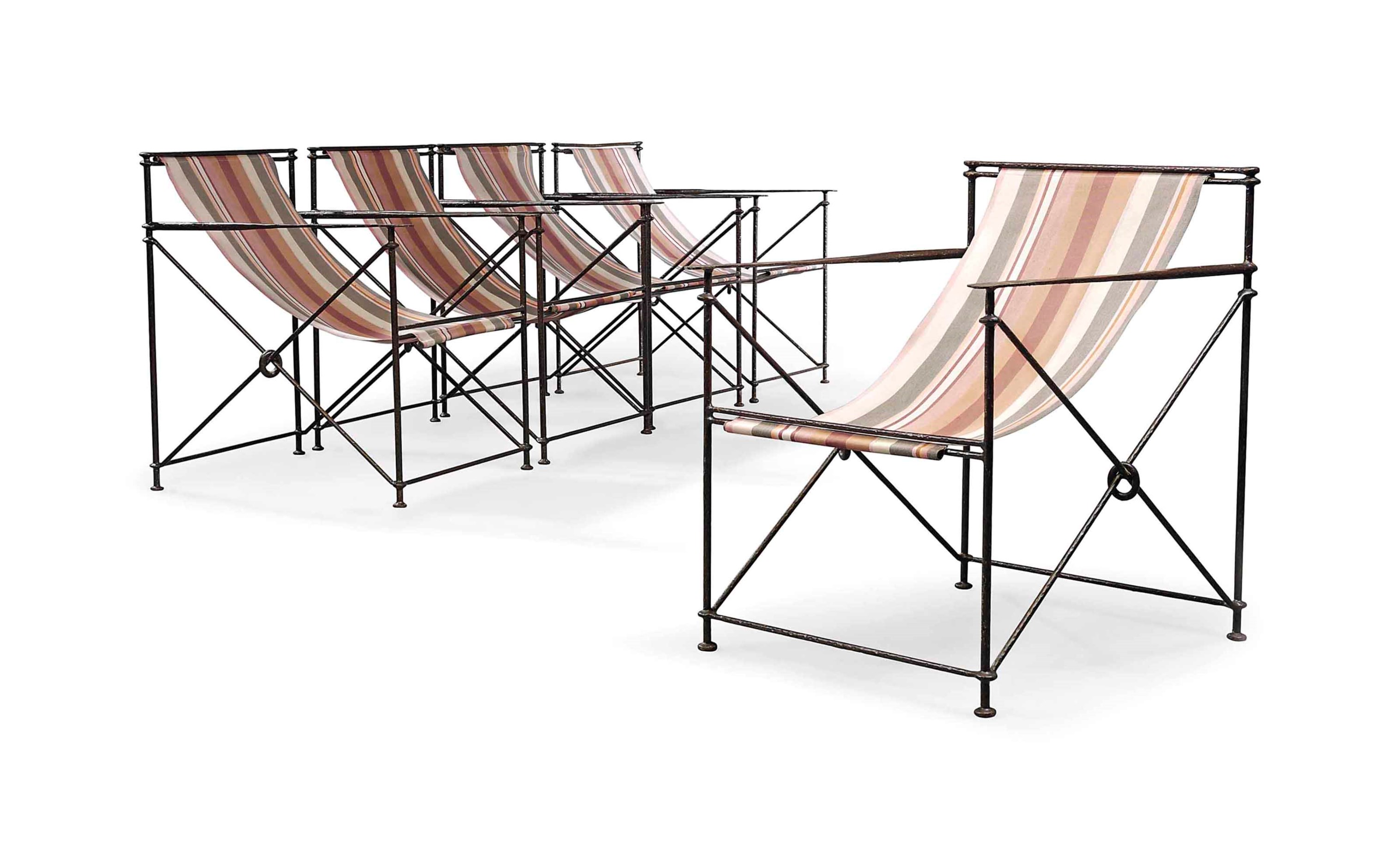 A SET OF FIVE BRONZEDMETAL DECK CHAIRS