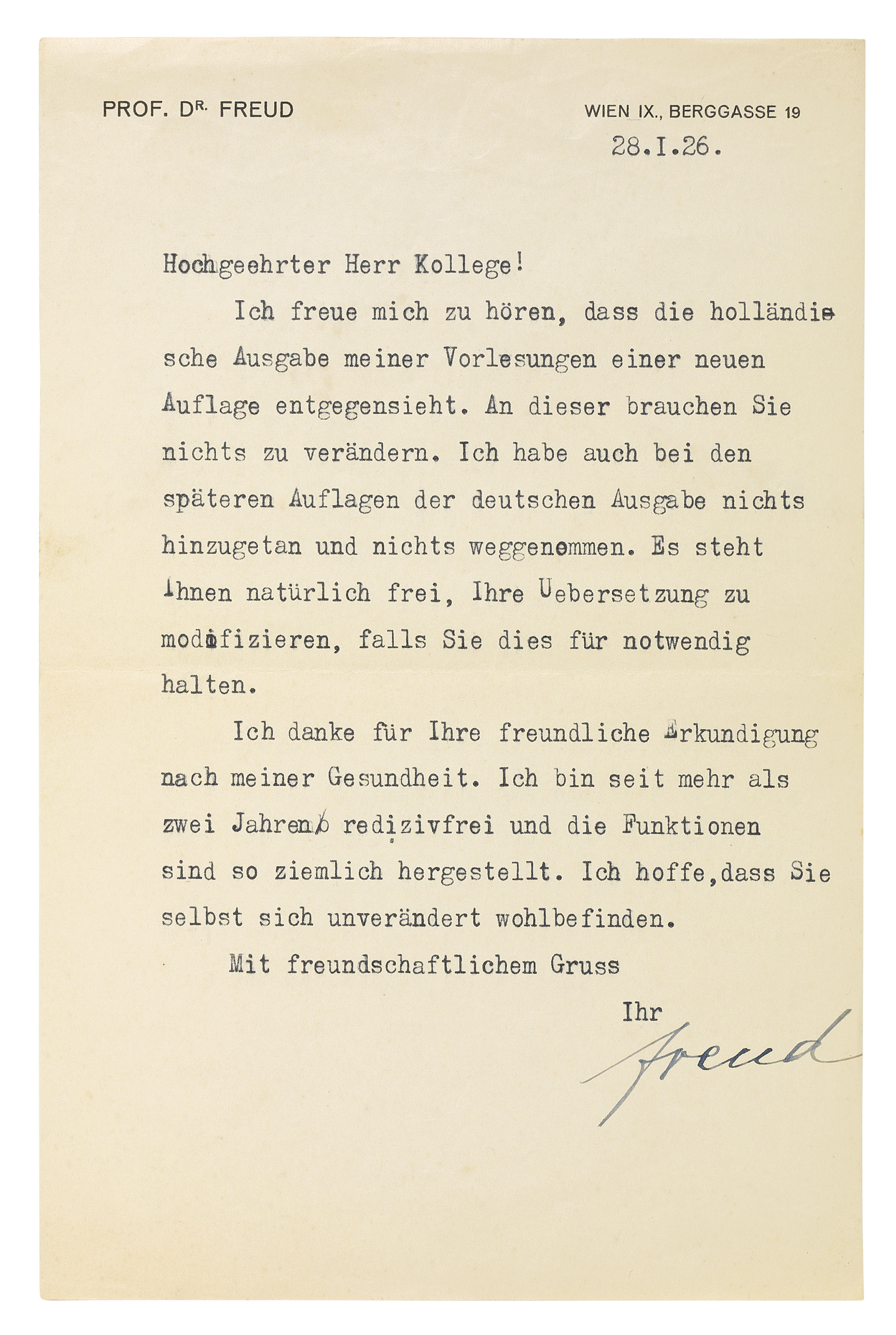 FREUD, Sigmund (18561939). Typed letter signed (�Freud