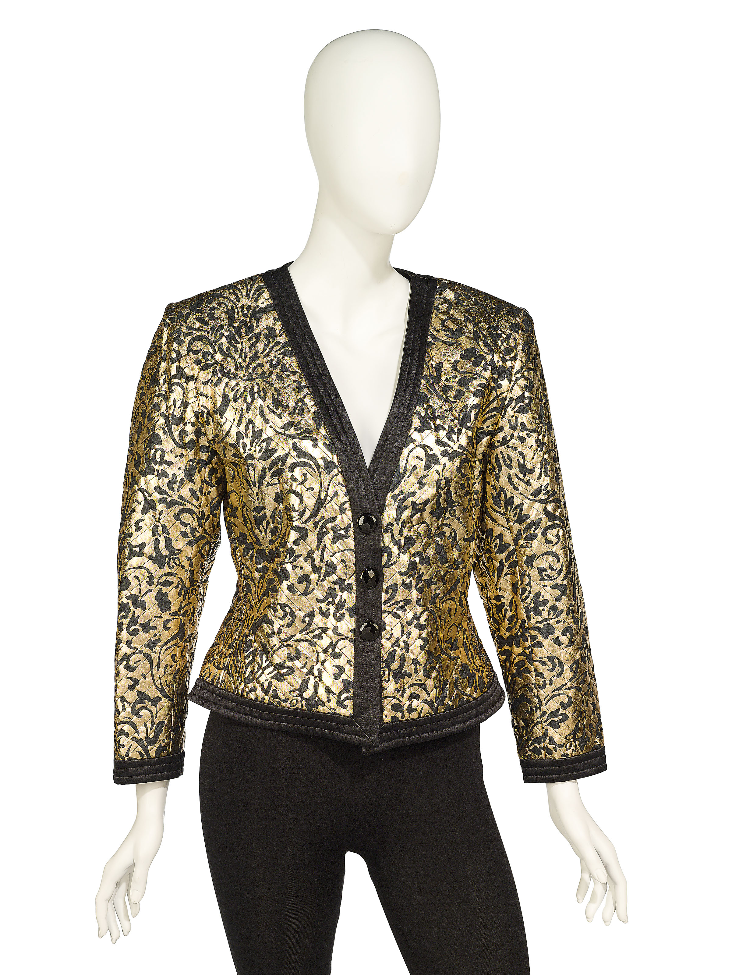A COCKTAIL JACKET OF BLACK SATIN PRINTED IN GOLD, YVES SAINT LAURENT