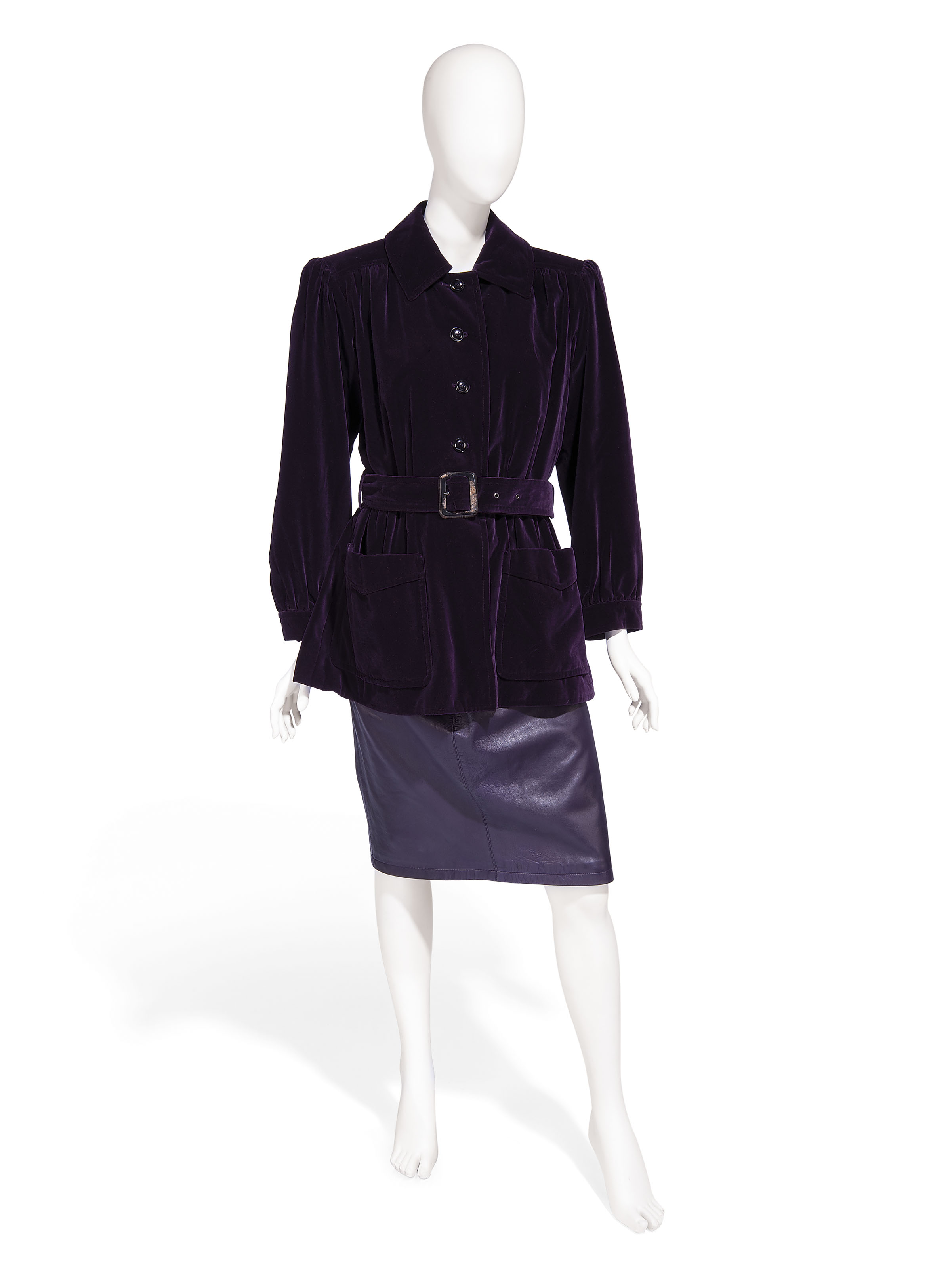 AN AUBERGINE VELVET BELTED JACKET AND LEATHER SKIRT YVES SAINT LAURENT 1980S Christie s