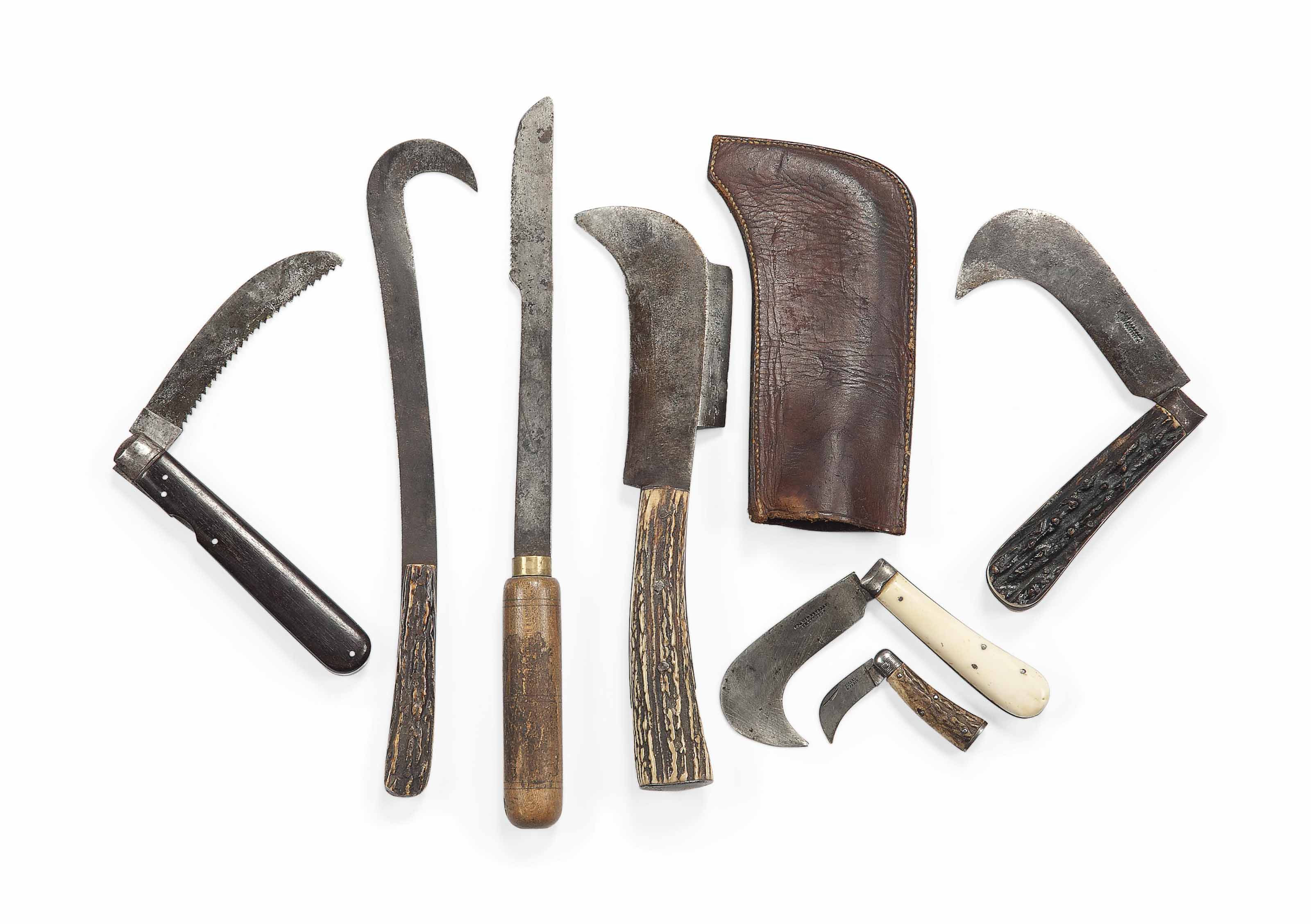 A COLLECTION OF STEEL GARDEN KNIVES , LATE 19TH EARLY 20TH CENTURY