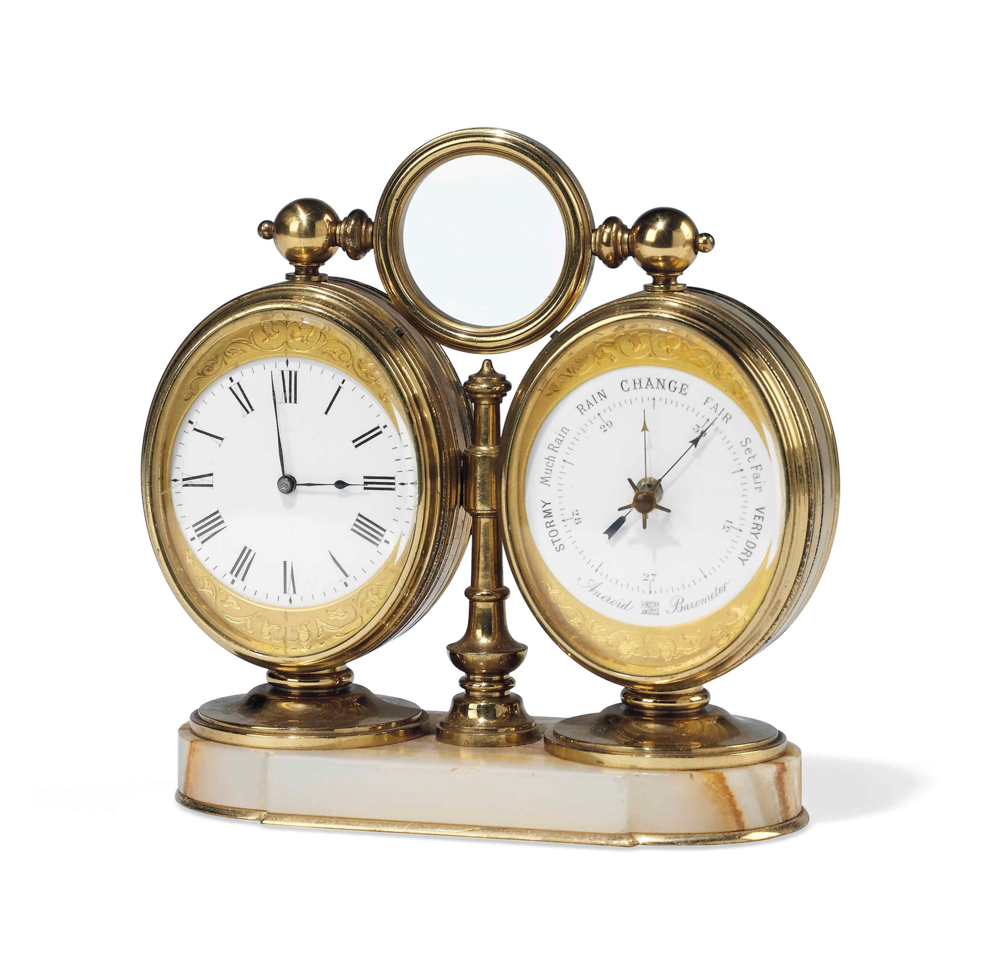A FRENCH GILTBRASS TIMPIECE AND BAROMETER DESK CLOCK , LATE 19TH