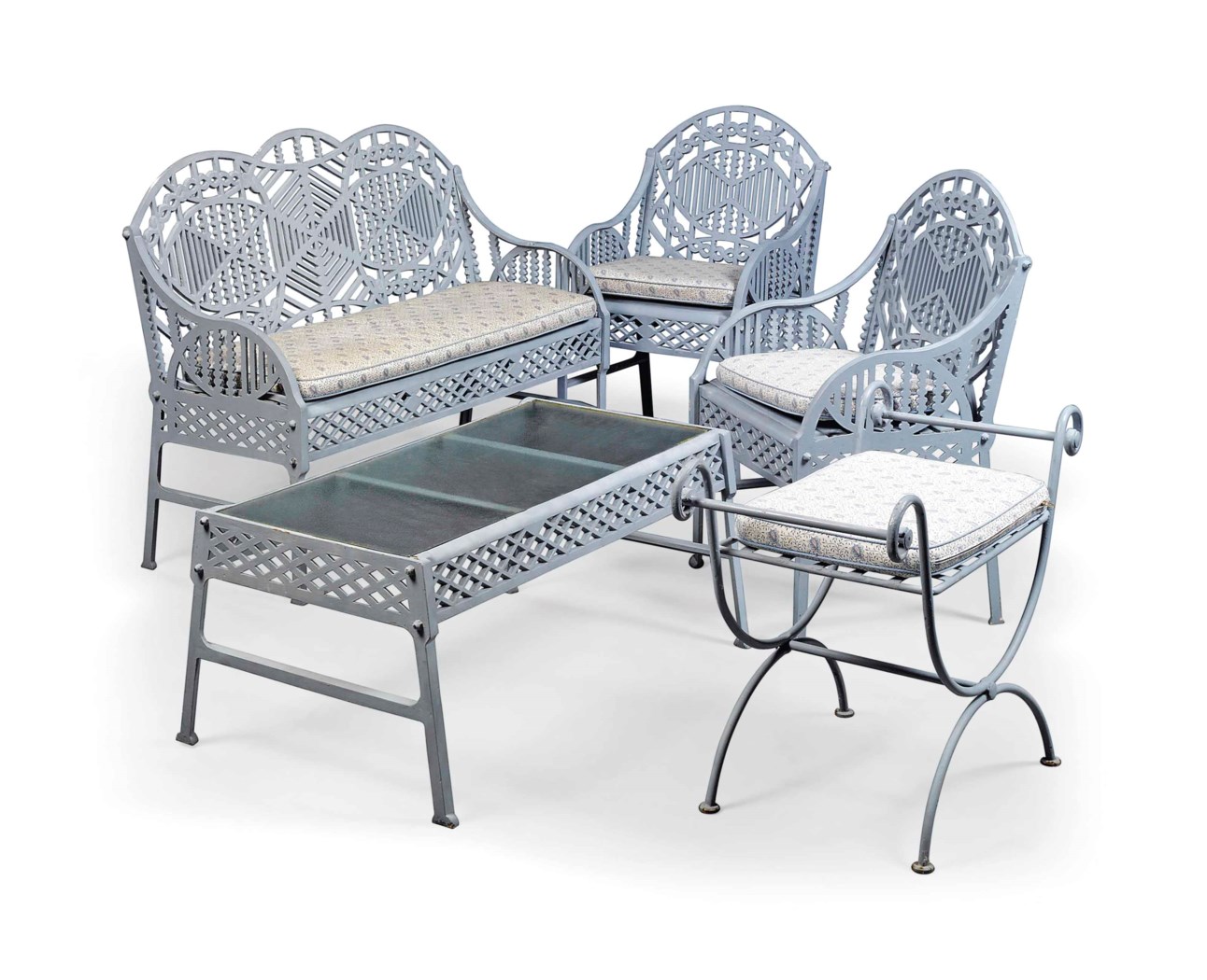 A SUITE OF PAINTED CAST-IRON GARDEN FURNITURE