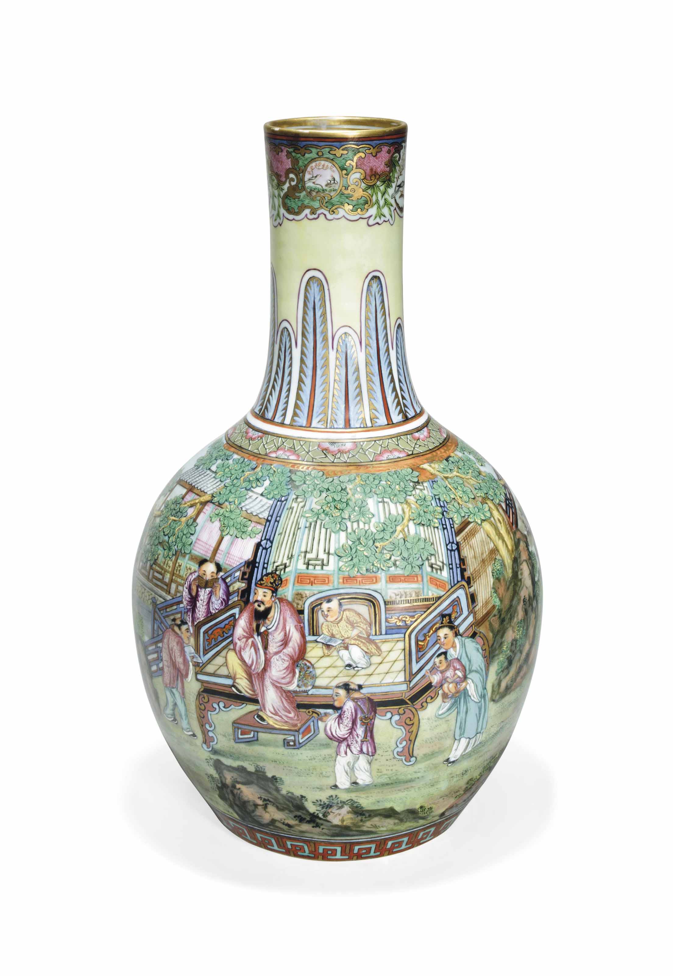 A CHINESE PORCELAIN BOTTLE VASE, WITH LATER EUROPEAN DECORATION , THE