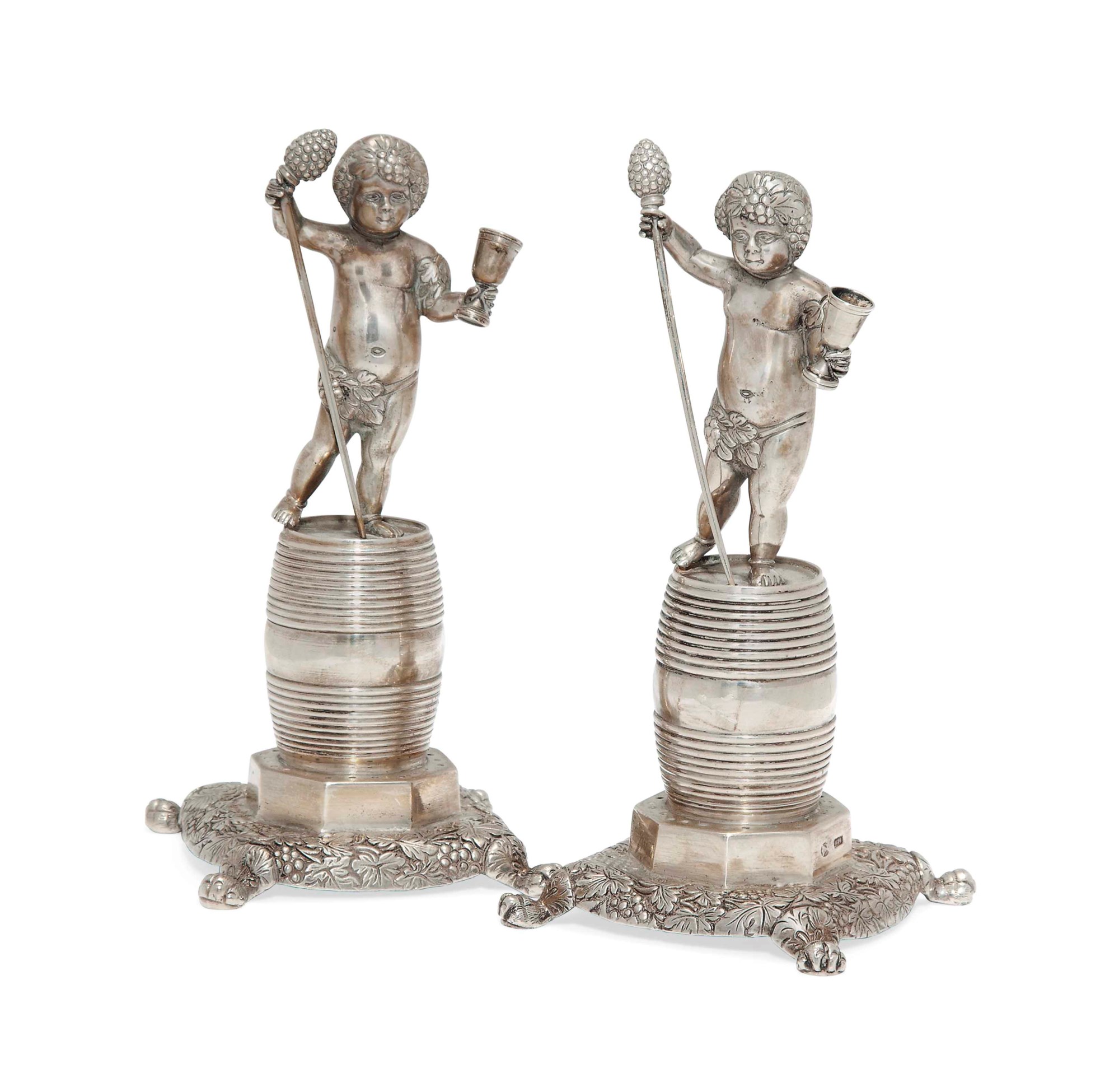 A MATCHED PAIR OF PORTUGUESE SILVER FIGURAL TOOTHPICK HOLDERS , ONE