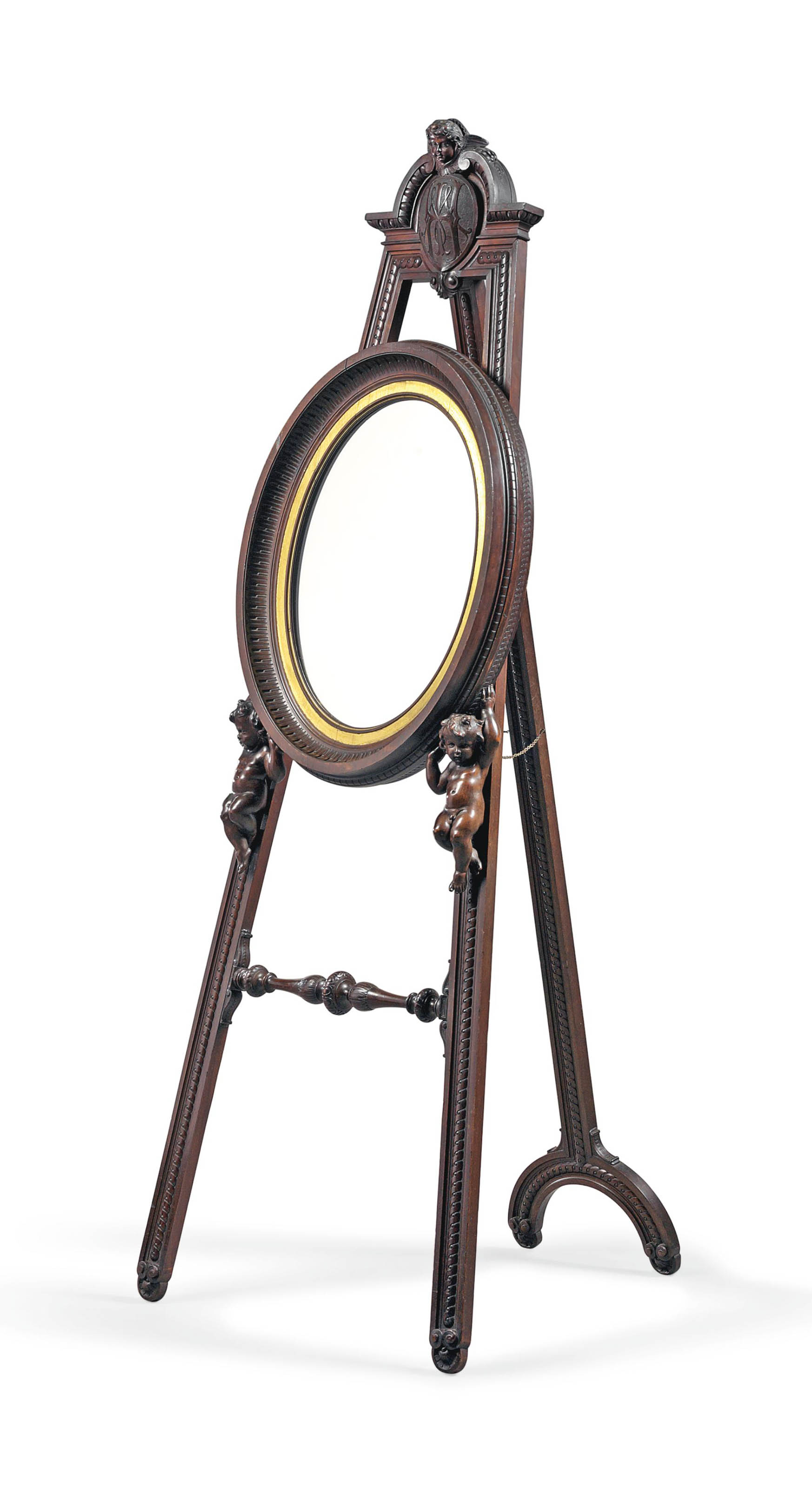 AN UNUSUAL CARVED WALNUT EASEL MIRROR , LATE 19TH EARLY 20TH CENTURY