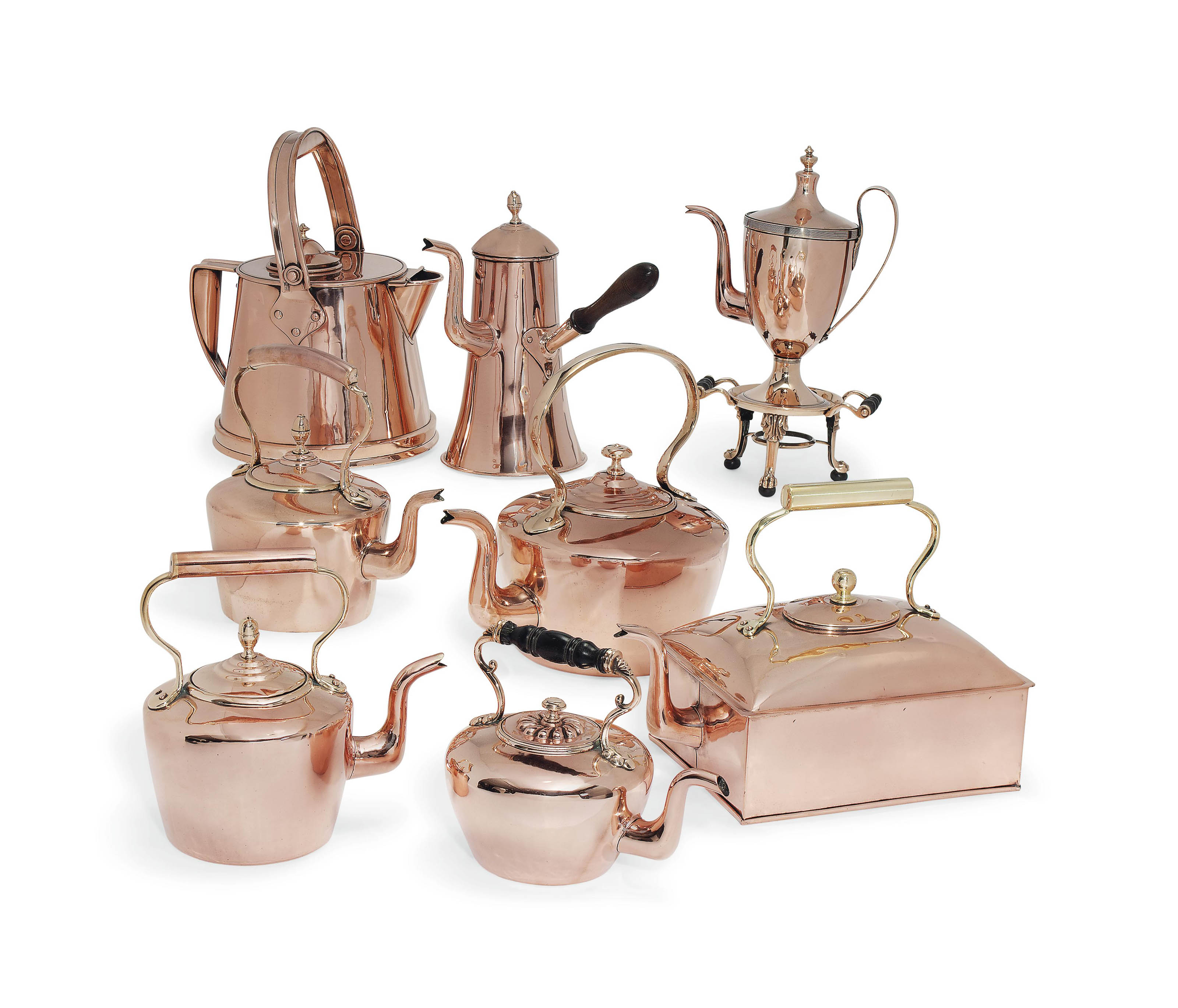 A COLLECTION OF ENGLISH COPPER KETTLES AND COFFEE POTS