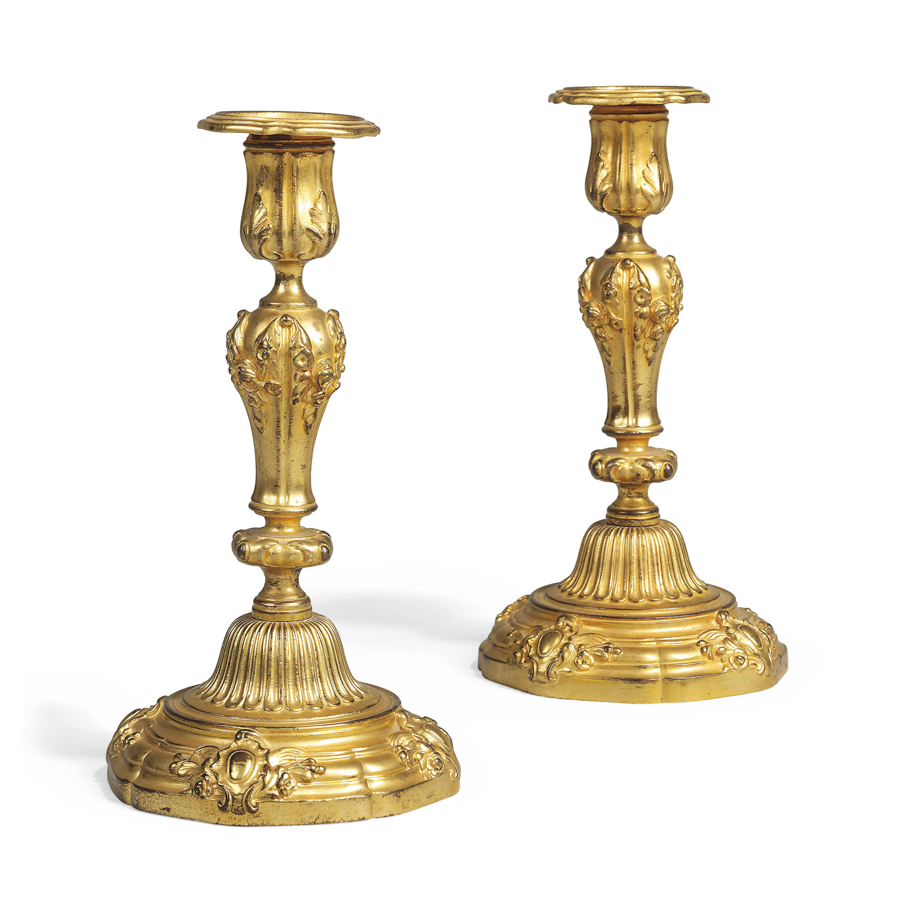 A PAIR OF FRENCH GILTBRASS CANDLESTICKS , BY CHRISTOFLE, PARIS, LATE