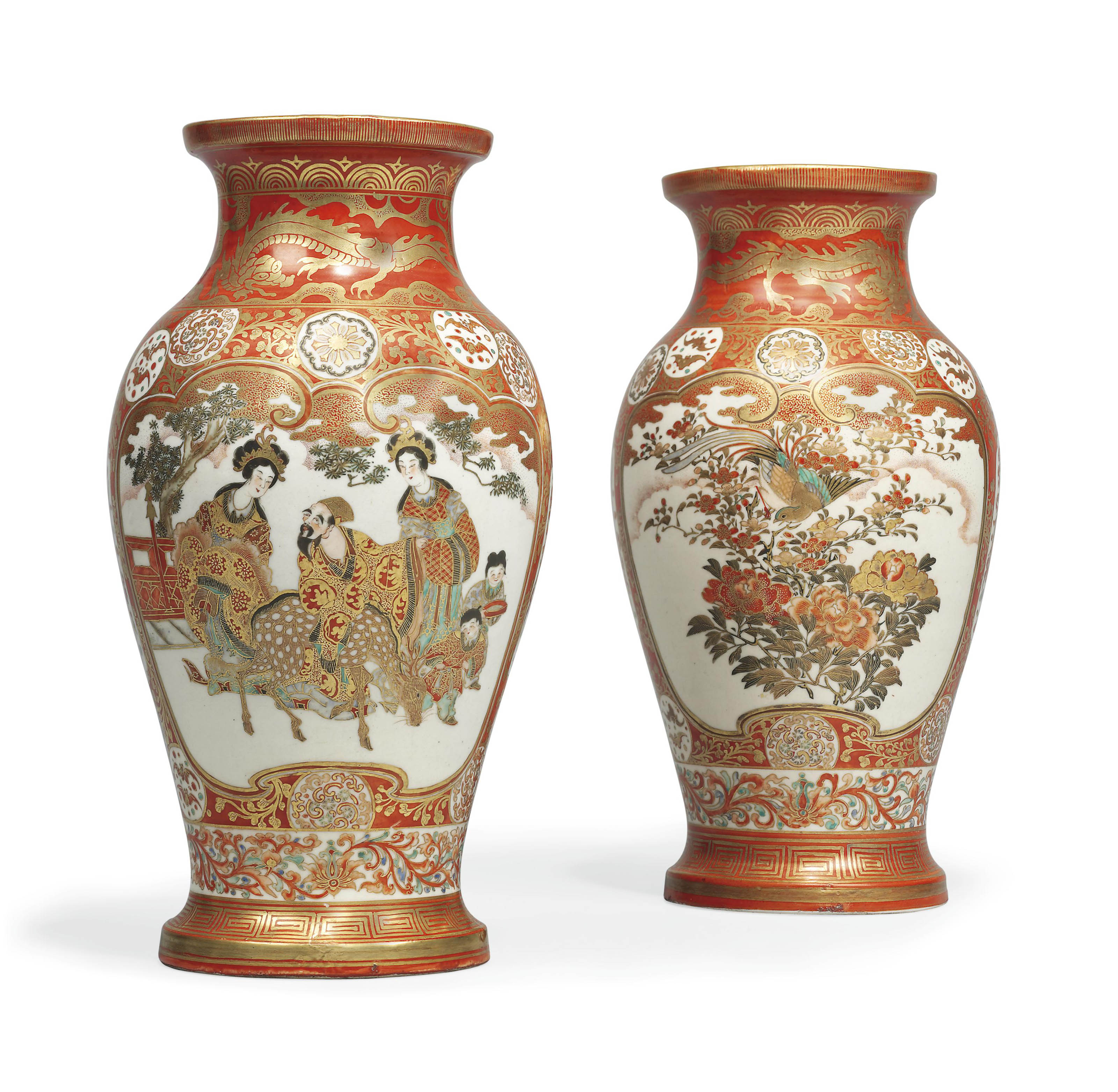 A Pair of Japanese Kutani Vases , SIGNED DAI NIHON KUTANI KOSEI DO