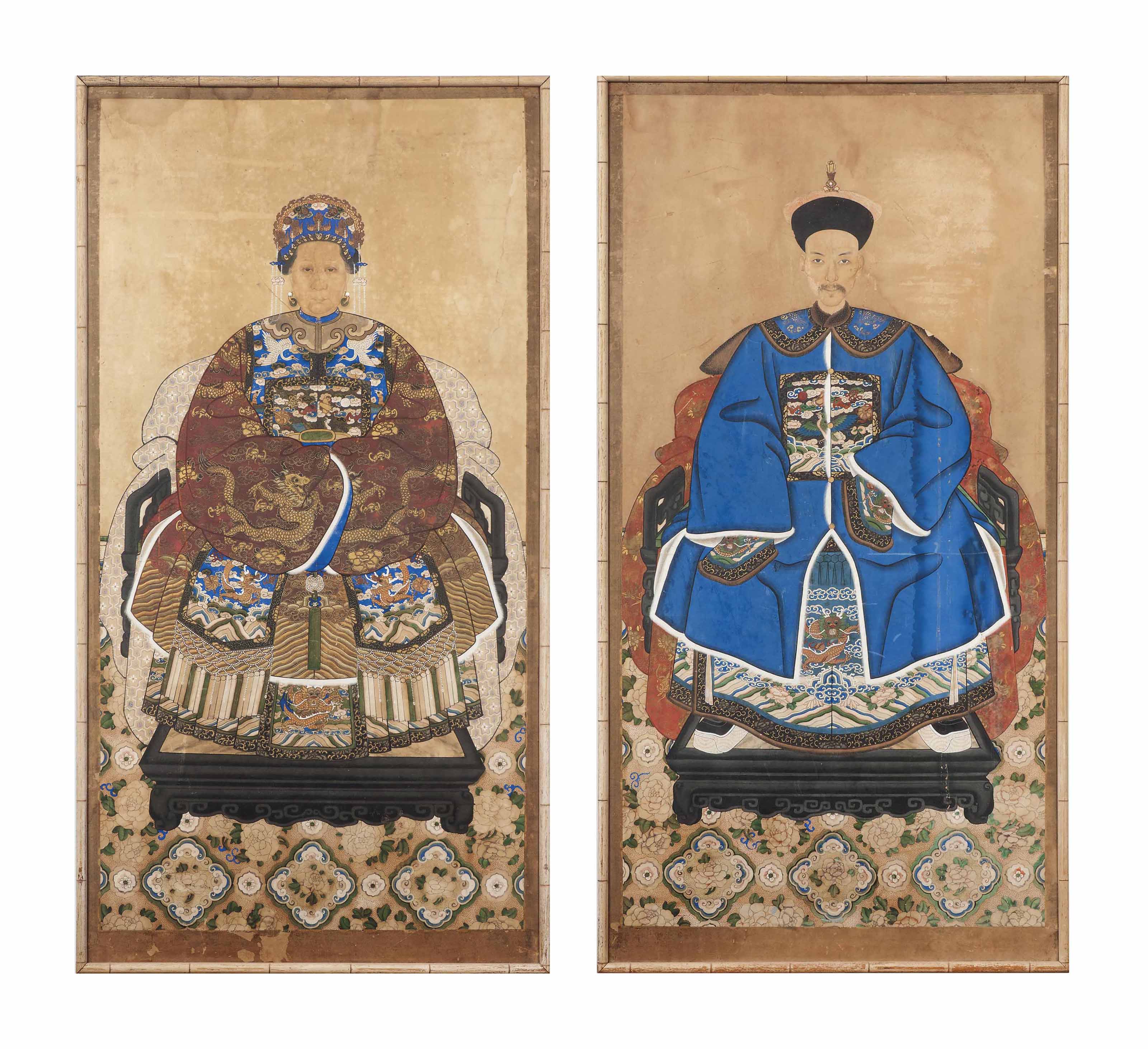 Two Chinese Ancestor Paintings Of A Court Lady And Gentleman