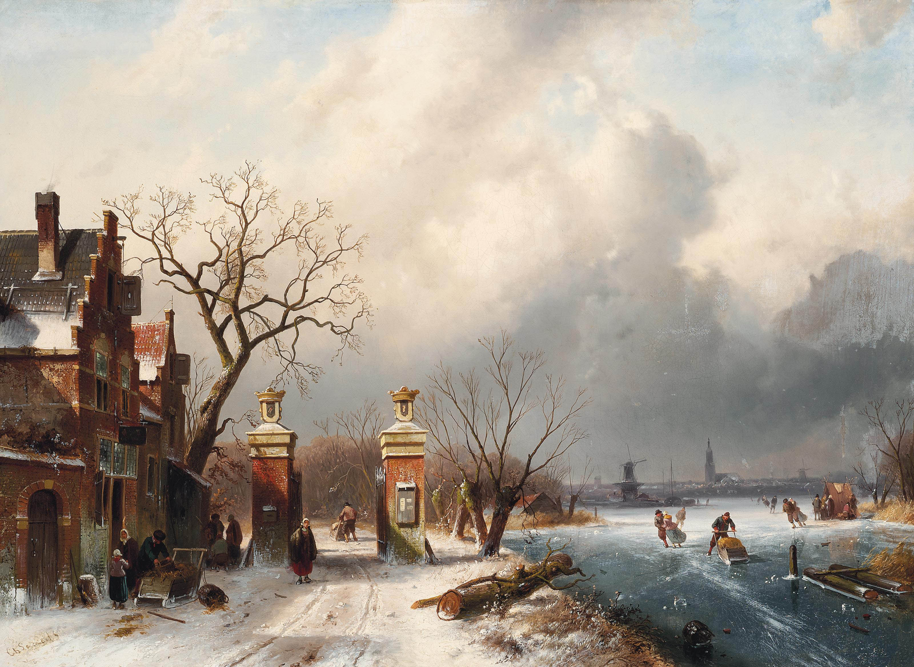 Charles Henri Joseph Leickert (Belgian, 1816-1907) , Skaters by a Dutch