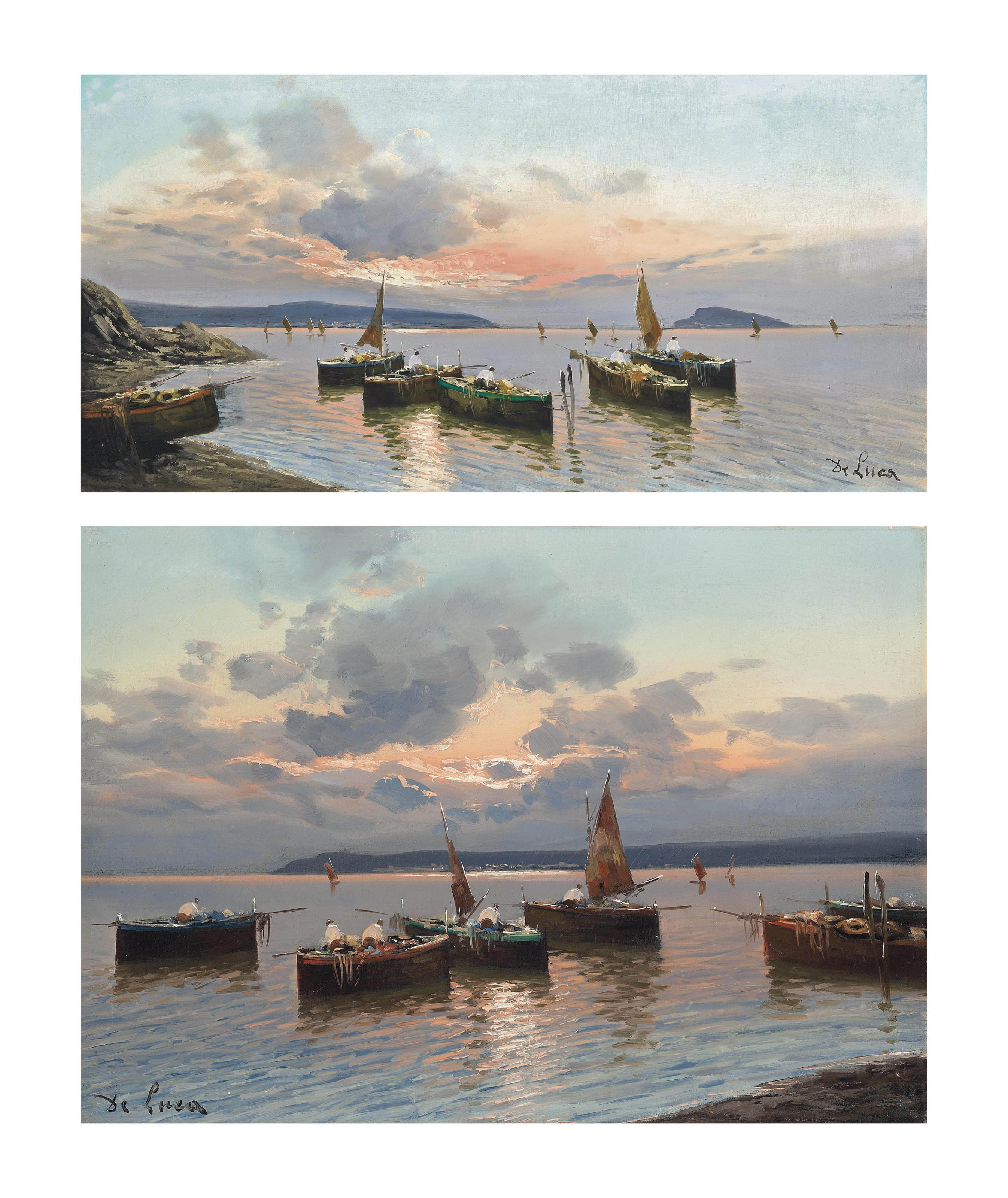 De Luca Italian 20th Century Fishermen On The Bay Of Naples