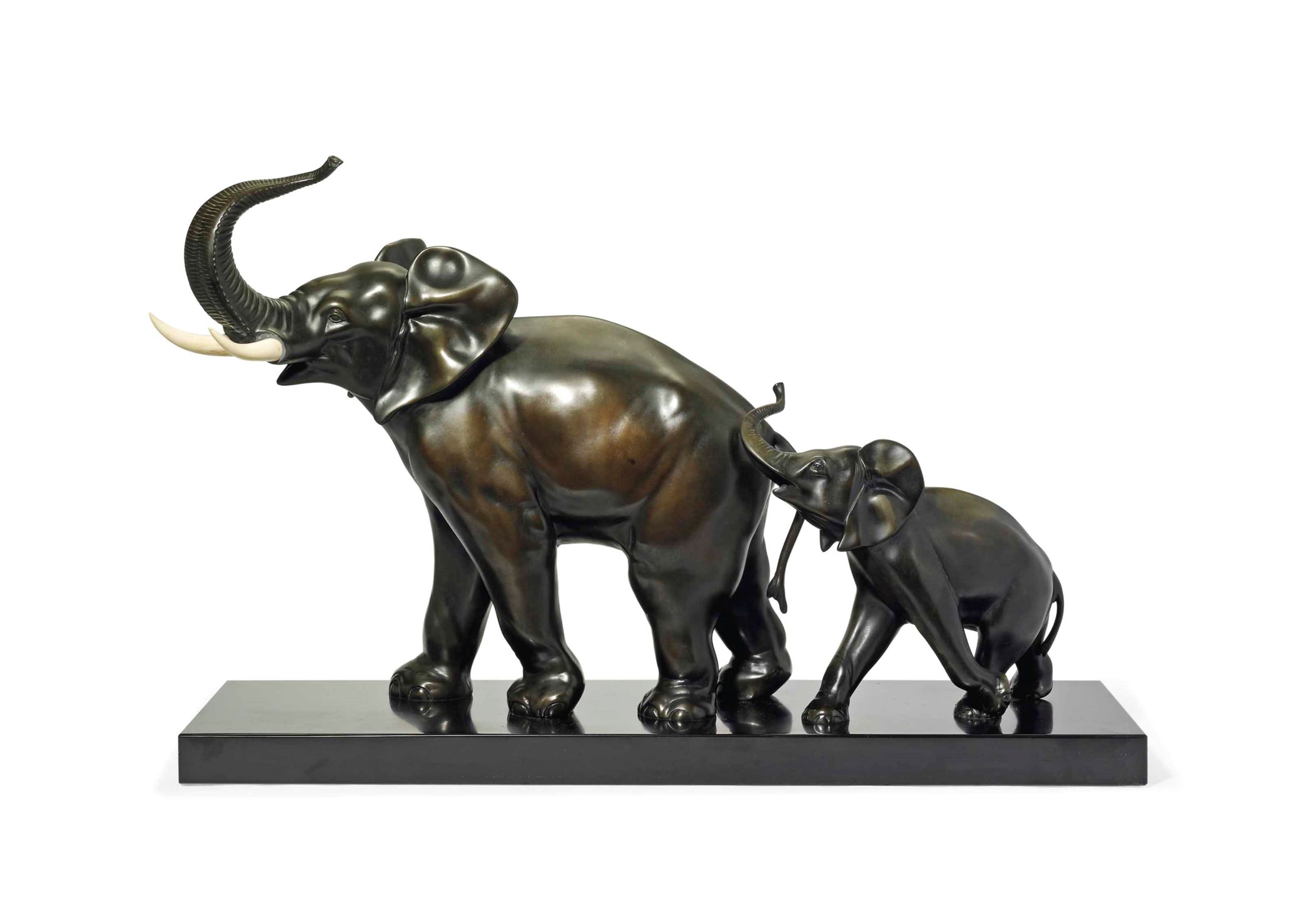 AN I. ROCHARD COLD-PAINTED SPELTER AND IVORY 'ELEPHANTS GROUP' , CIRCA ...