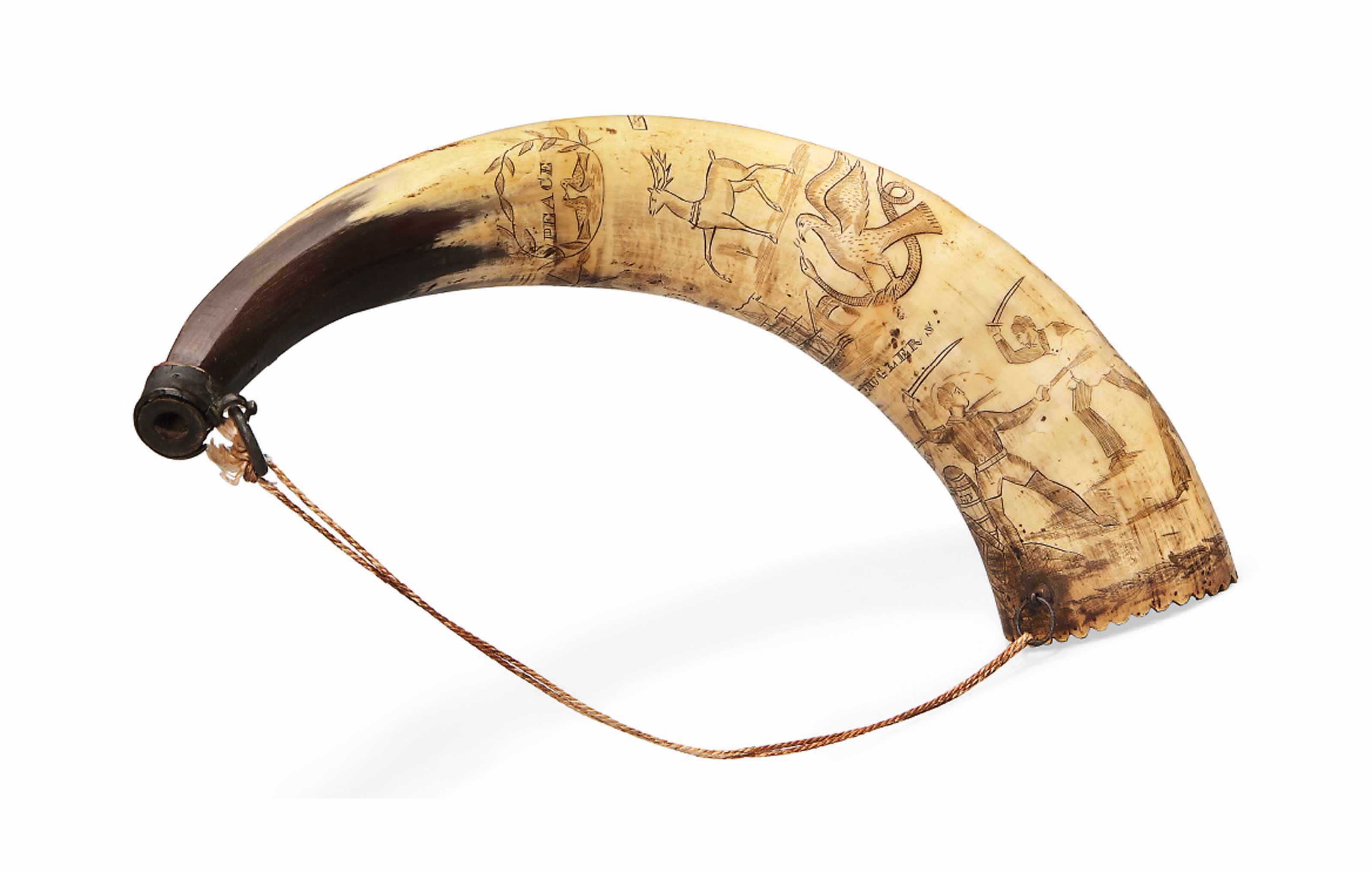 A SCRIMSHAW ENGRAVED POWDERHORN , CIRCA 1830 Christie's