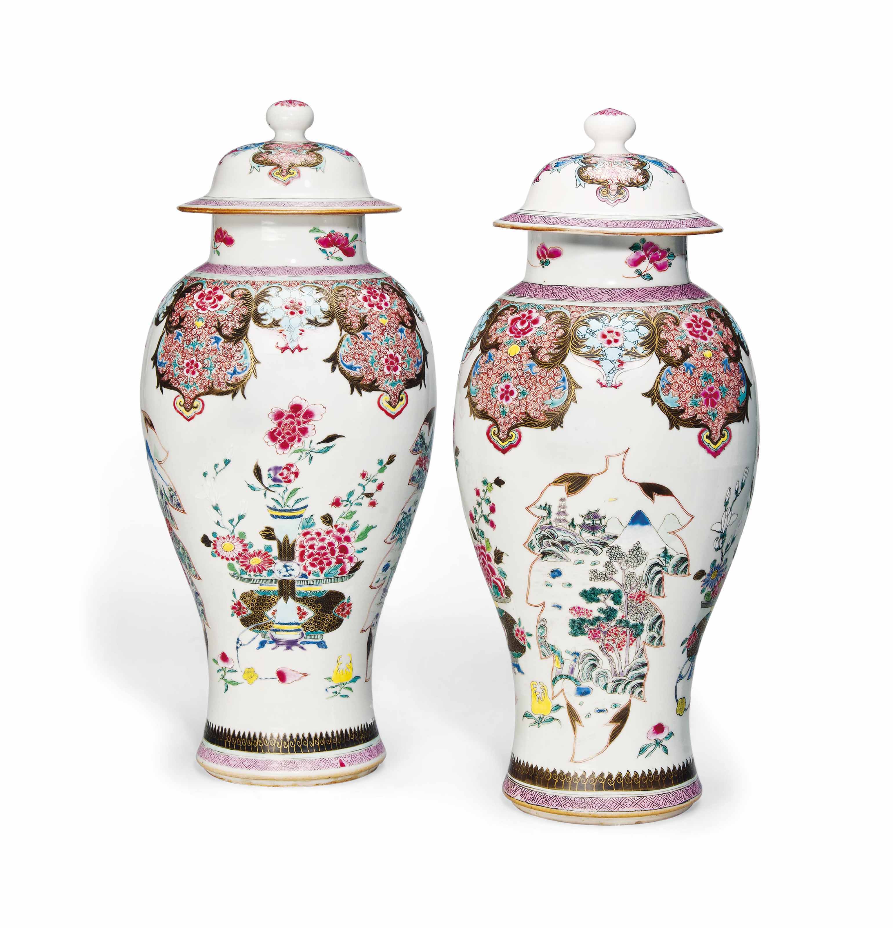 A PAIR OF CHINESE FAMILLE ROSE BALUSTER VASES AND COVERS , YONGZHENG