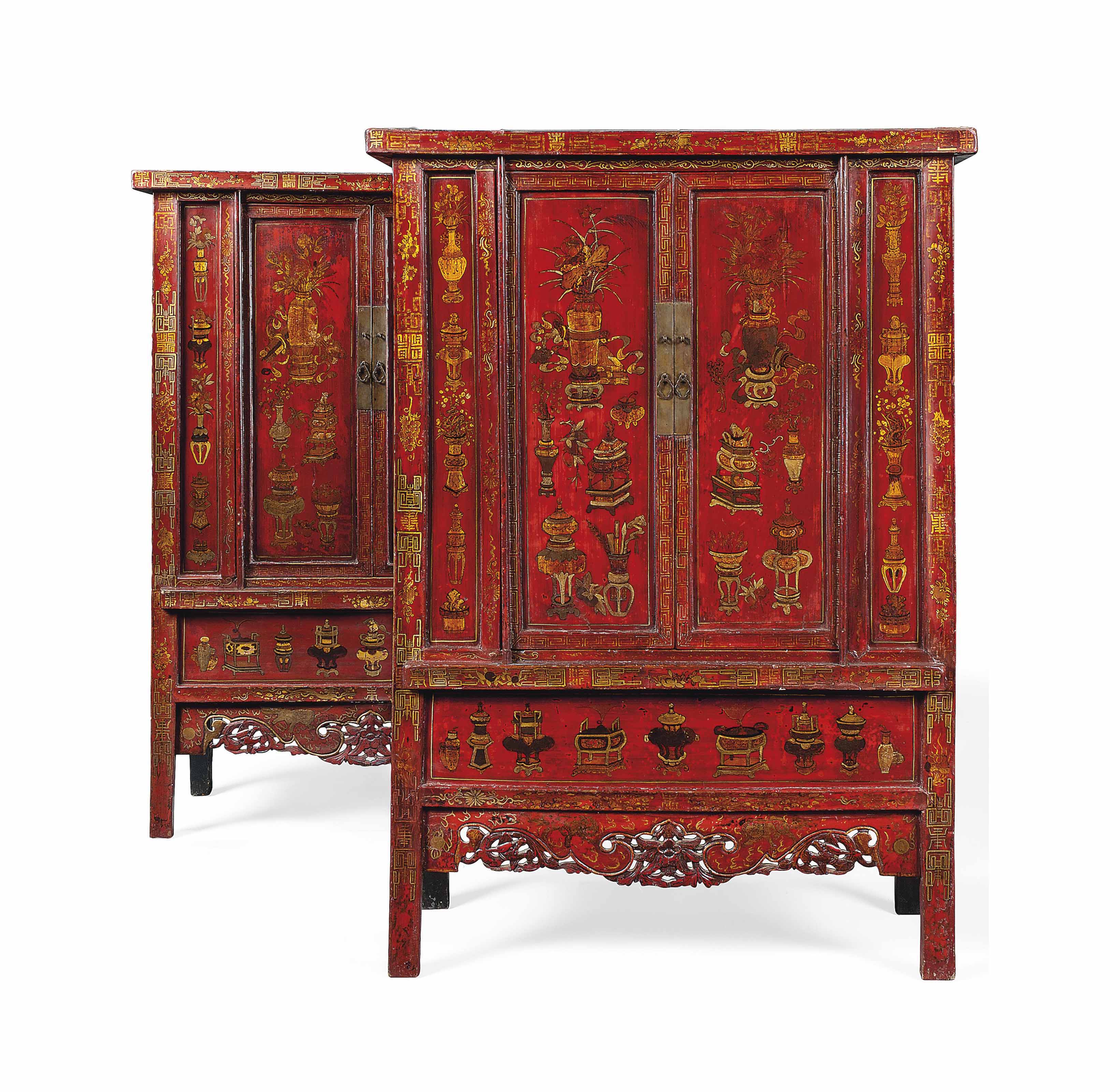 A PAIR OF CHINESE RED LACQUER AND GILT DECORATED , EARLY 20TH