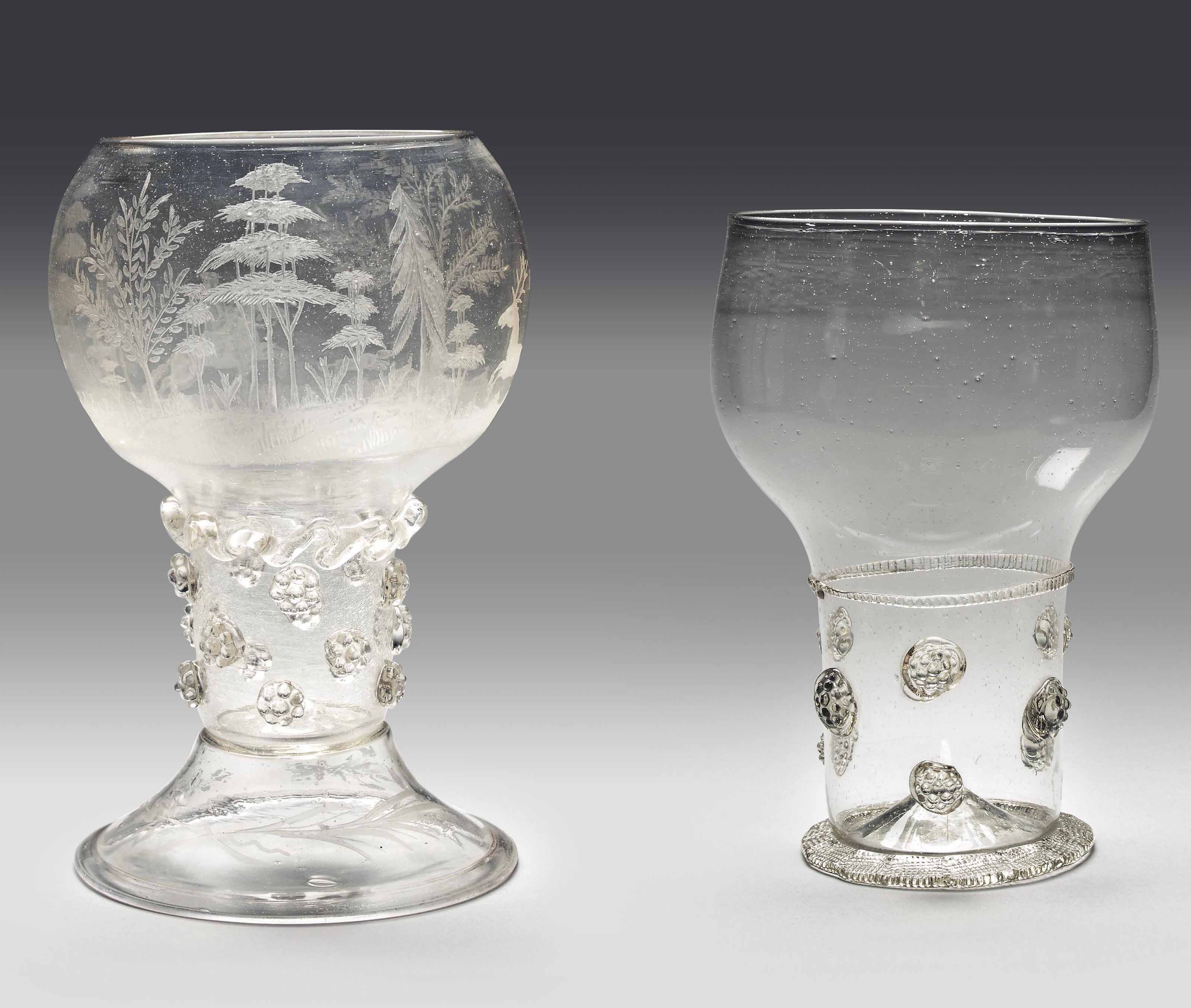 TWO CLEARGLASS ROEMERS , THE FIRST MID17TH CENTURY, LOW COUNTRIES
