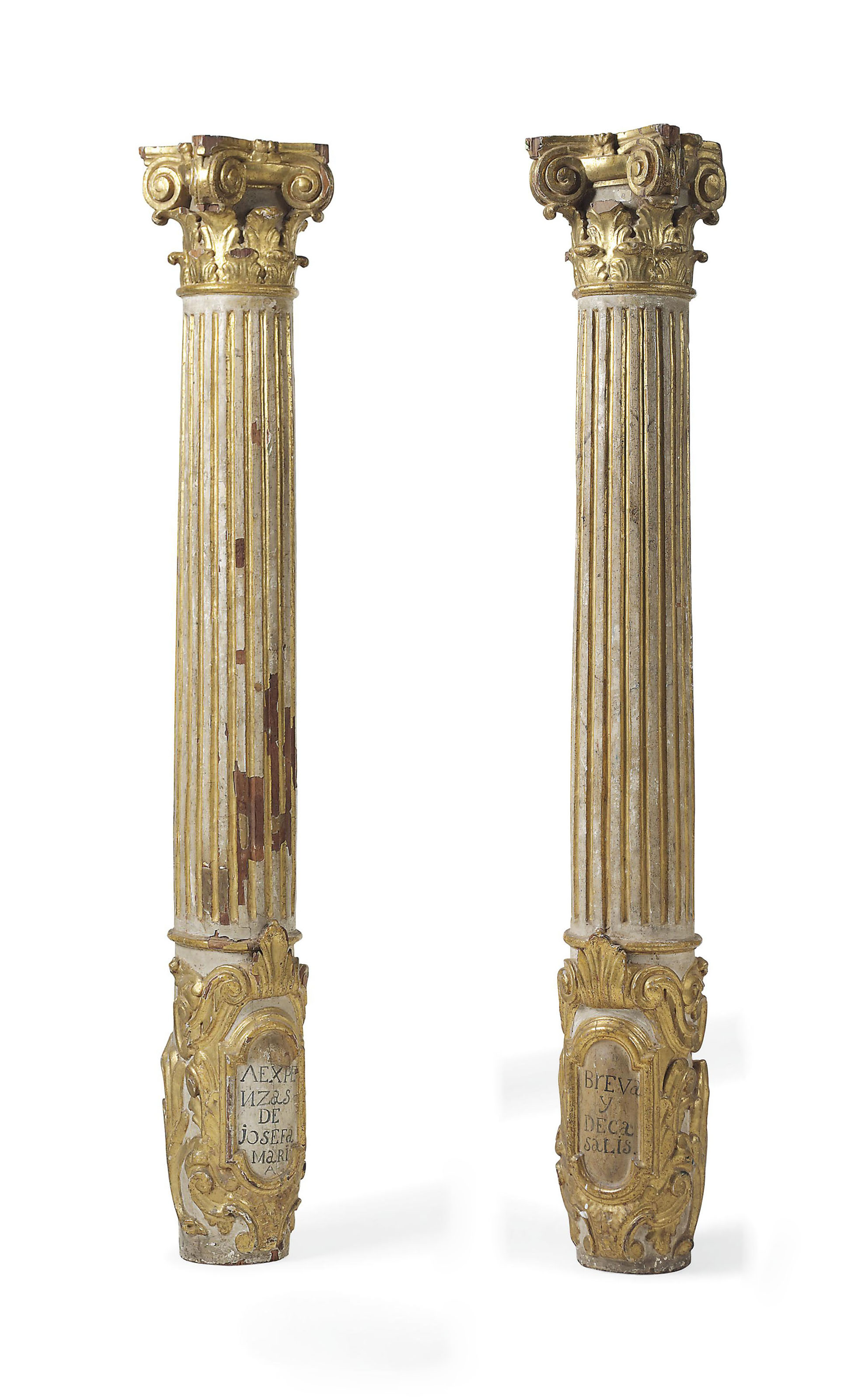 A PAIR OF SPANISH BAROQUE PAINTED AND PARCELGILT COLUMNS , LATE 17TH