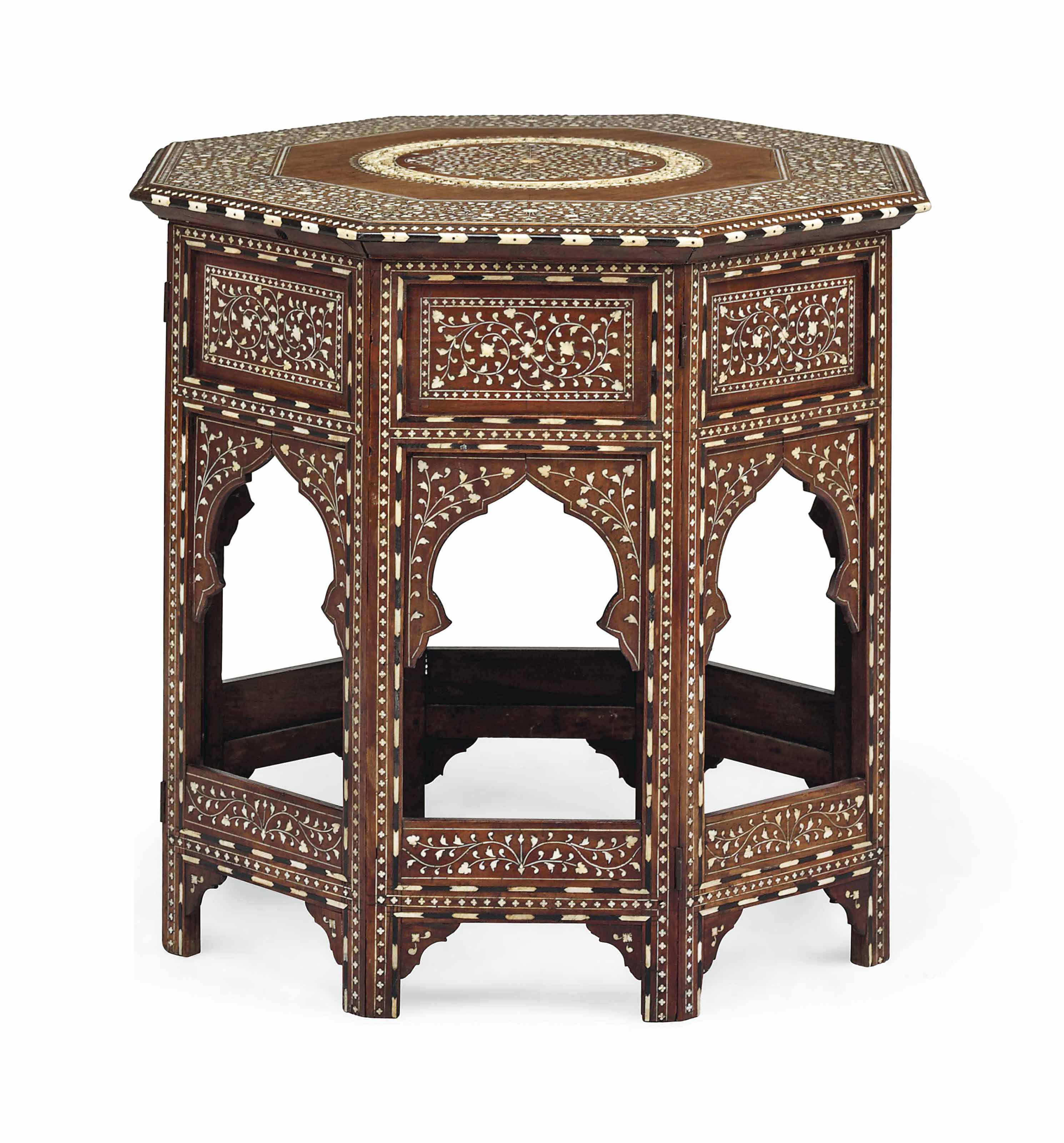 AN INDIAN IVORY, BONE AND EBONY INLAID TEAK OCCASIONAL TABLE