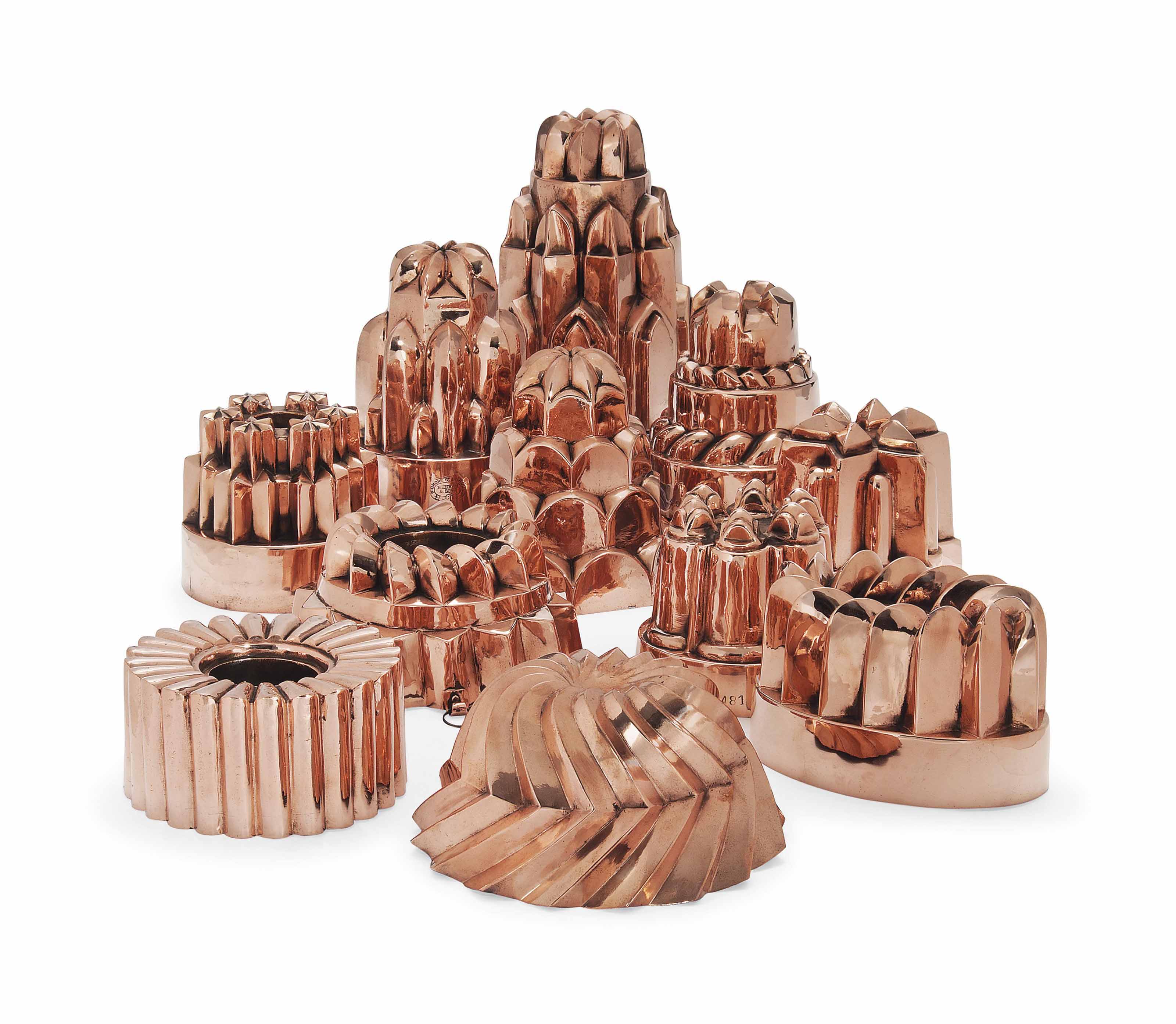 FIVE VICTORIAN COPPER JELLY MOULDS , BY BENHAM AND FROUD, CIRCA 1870