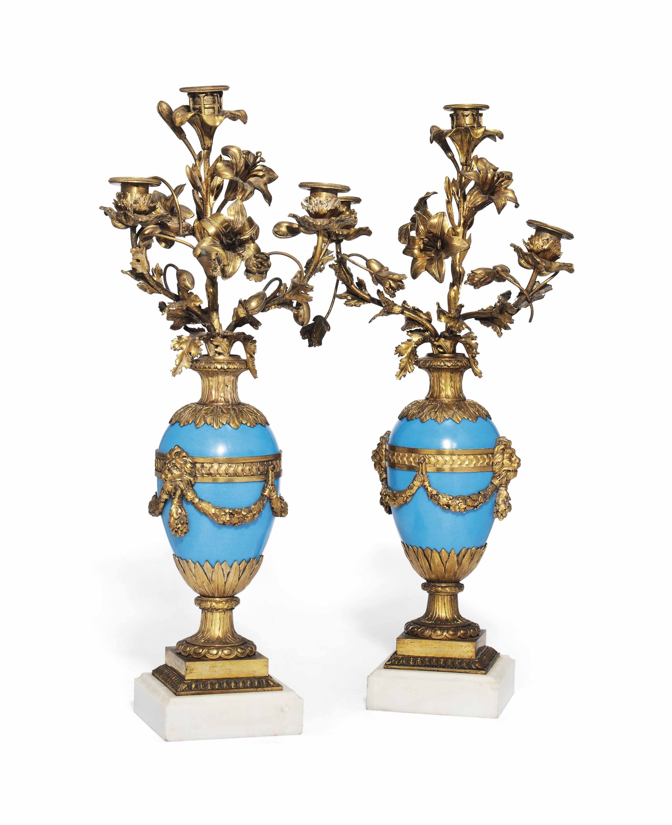 A PAIR OF FRENCH GILT BRONZE MOUNTED TURQUOISE GROUND PORCELAIN THREE 