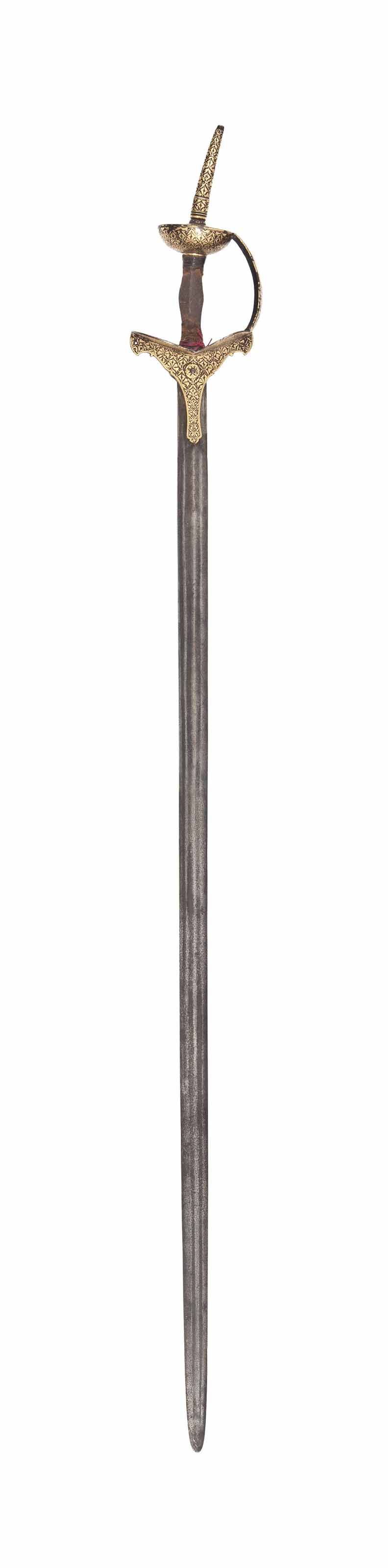 A Gold Damascened Steel Hilted Sword Firangi Makeearly 18th century firangi sword. a gold damascened steel hilted sword