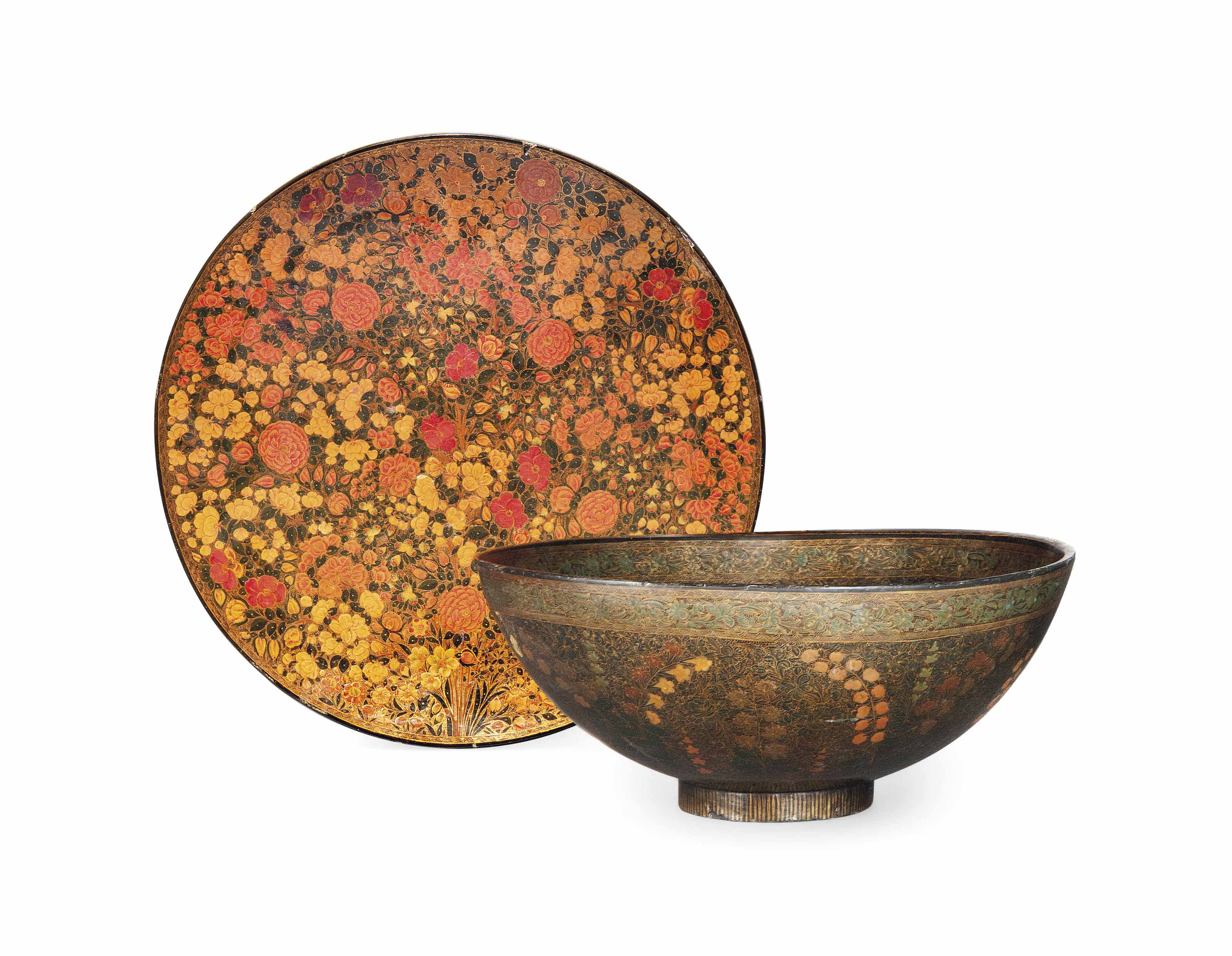 A LARGE KASHMIRI LACQUERED PAPIERMÂCHÉ DISH AND A BOWL , SRINAGAR