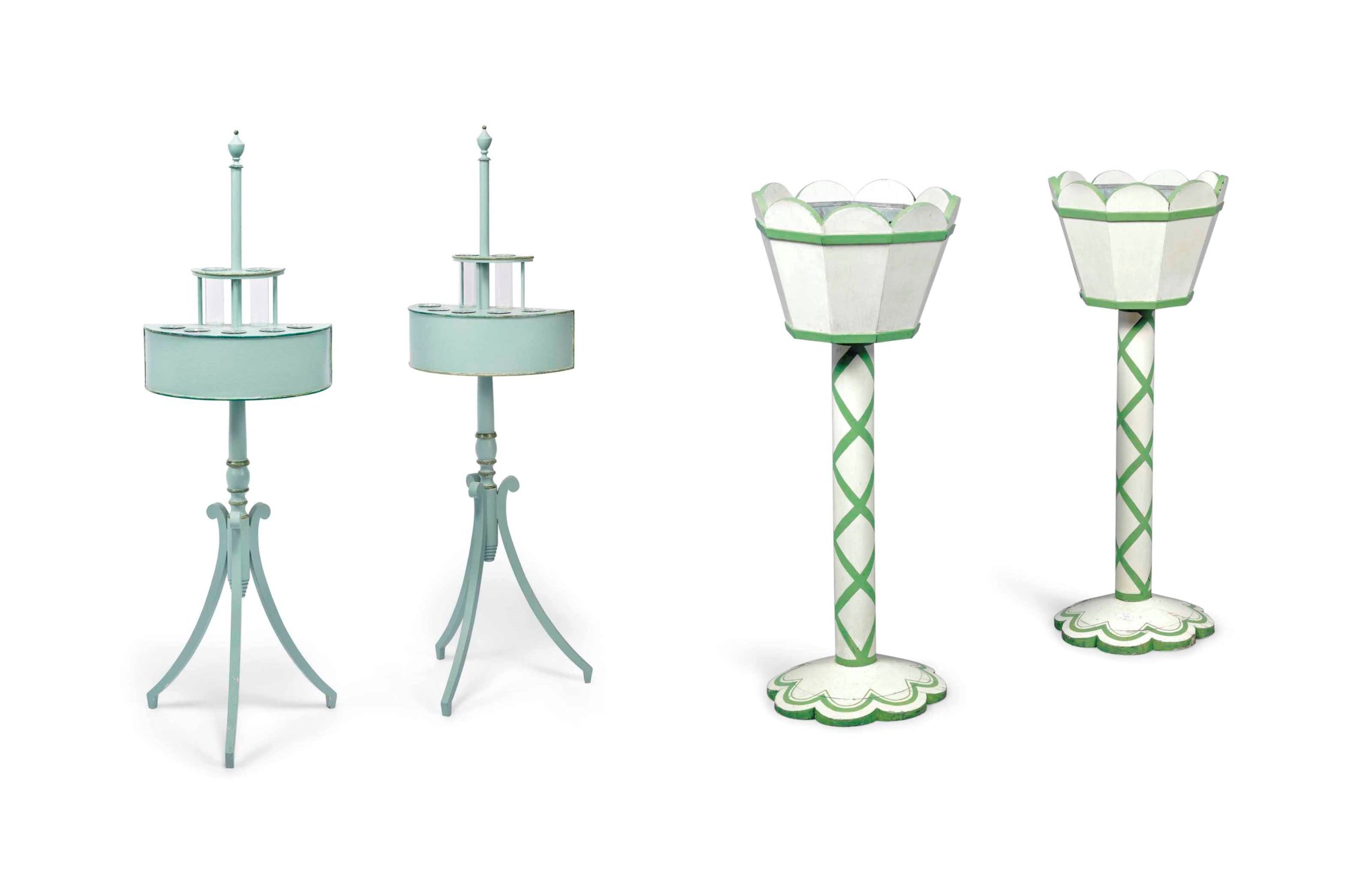 A PAIR OF GREEN AND WHITE PAINTED JARDINIERES , BY COLEFAX AND FOWLER