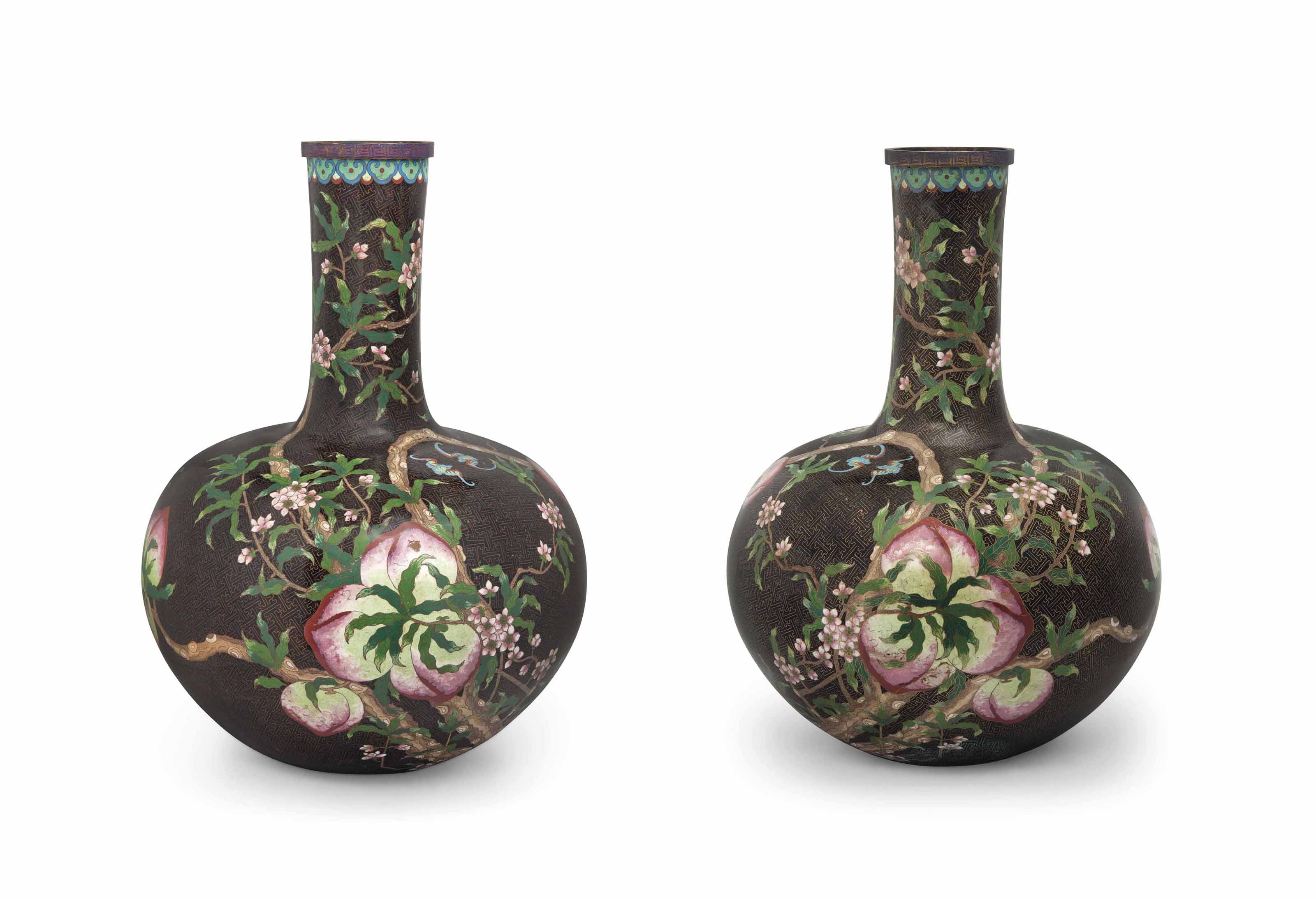 A Very Large Pair Of Chinese Cloisonne Enamel Bottle Vases 20th