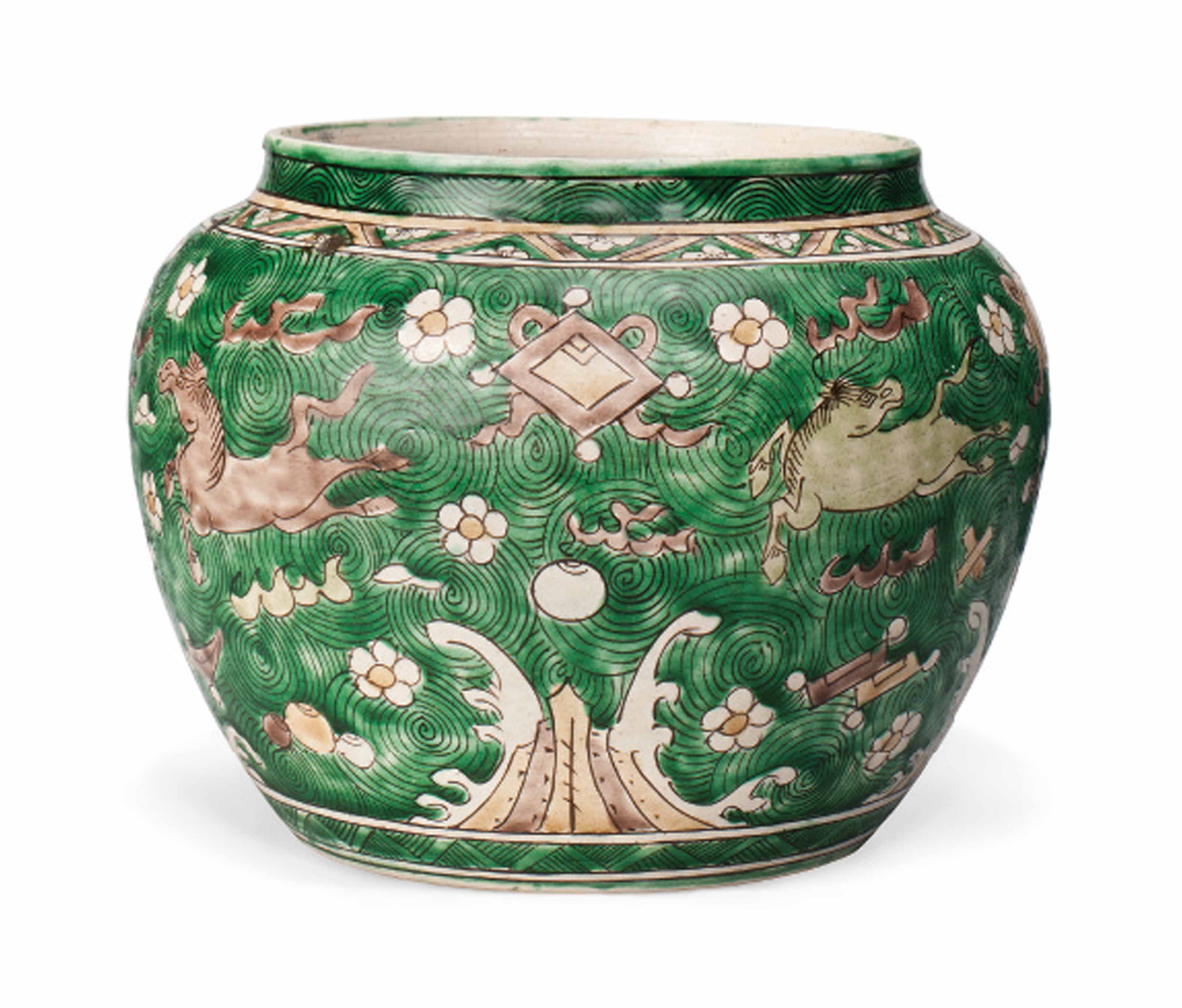 A CHINESE FAMILLE VERTE BISCUIT JAR , TRANSITIONAL PERIOD ...