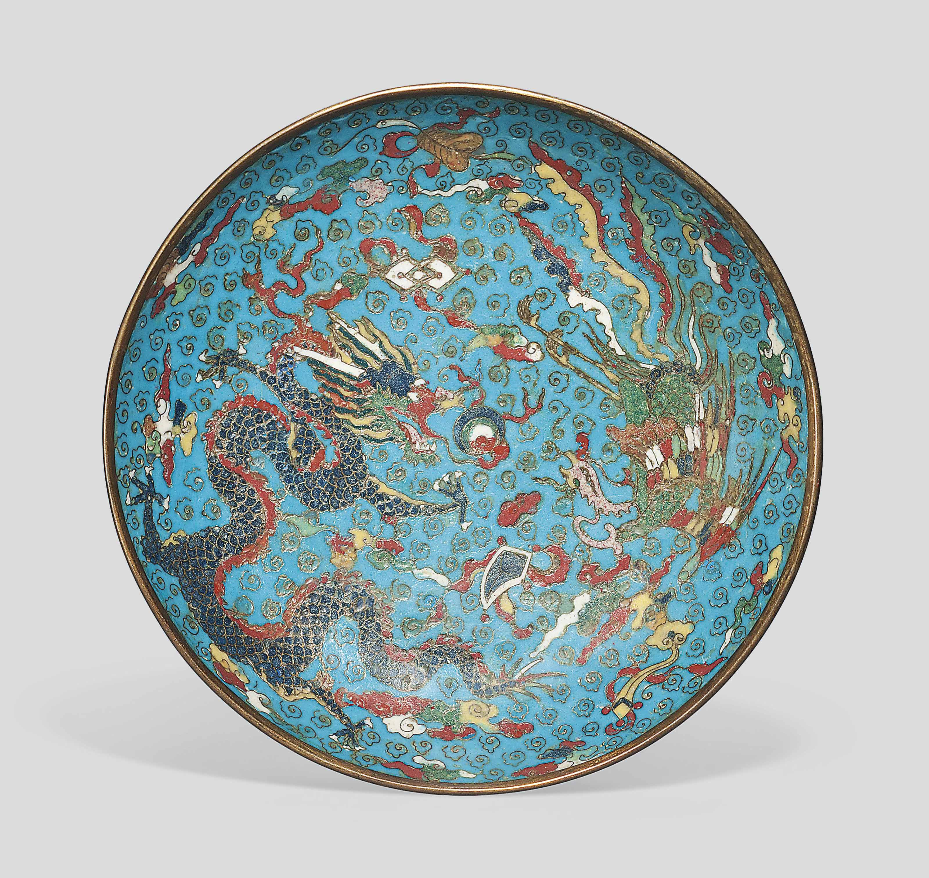 A CLOISONNÉ ENAMEL 'DRAGON AND PHOENIX' DISH , LATE 16TH CENTURY