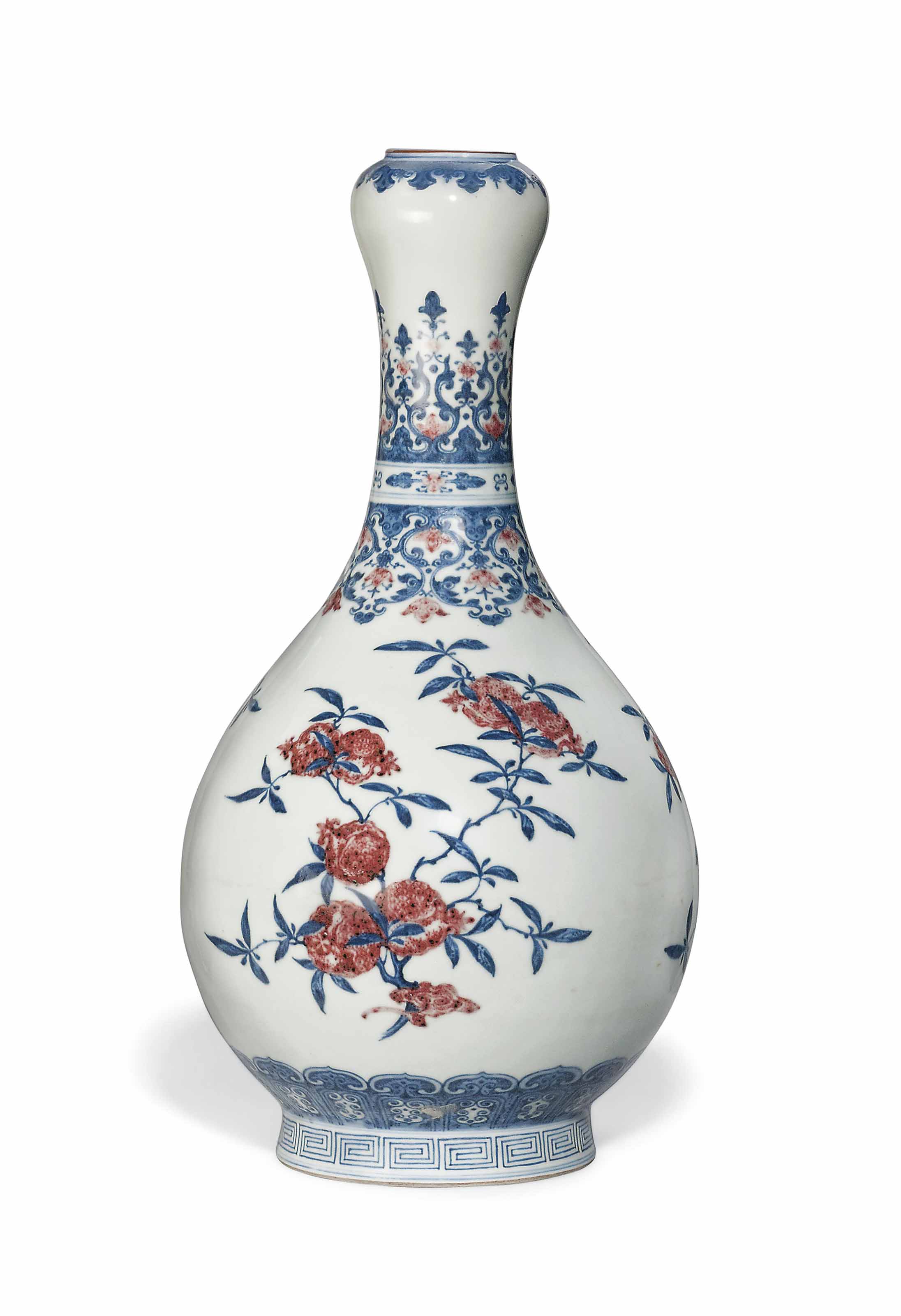 A COPPERRED AND UNDERGLAZEBLUE GARLIC NECK VASE , QIANLONG PERIOD