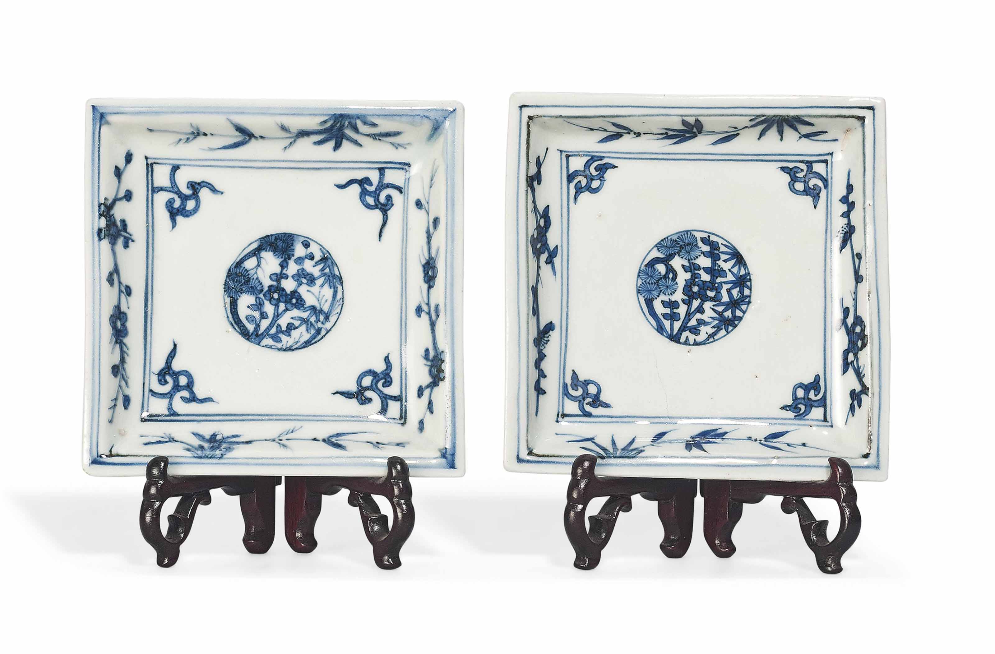 TWO BLUE AND WHITE SQUARE DISHES