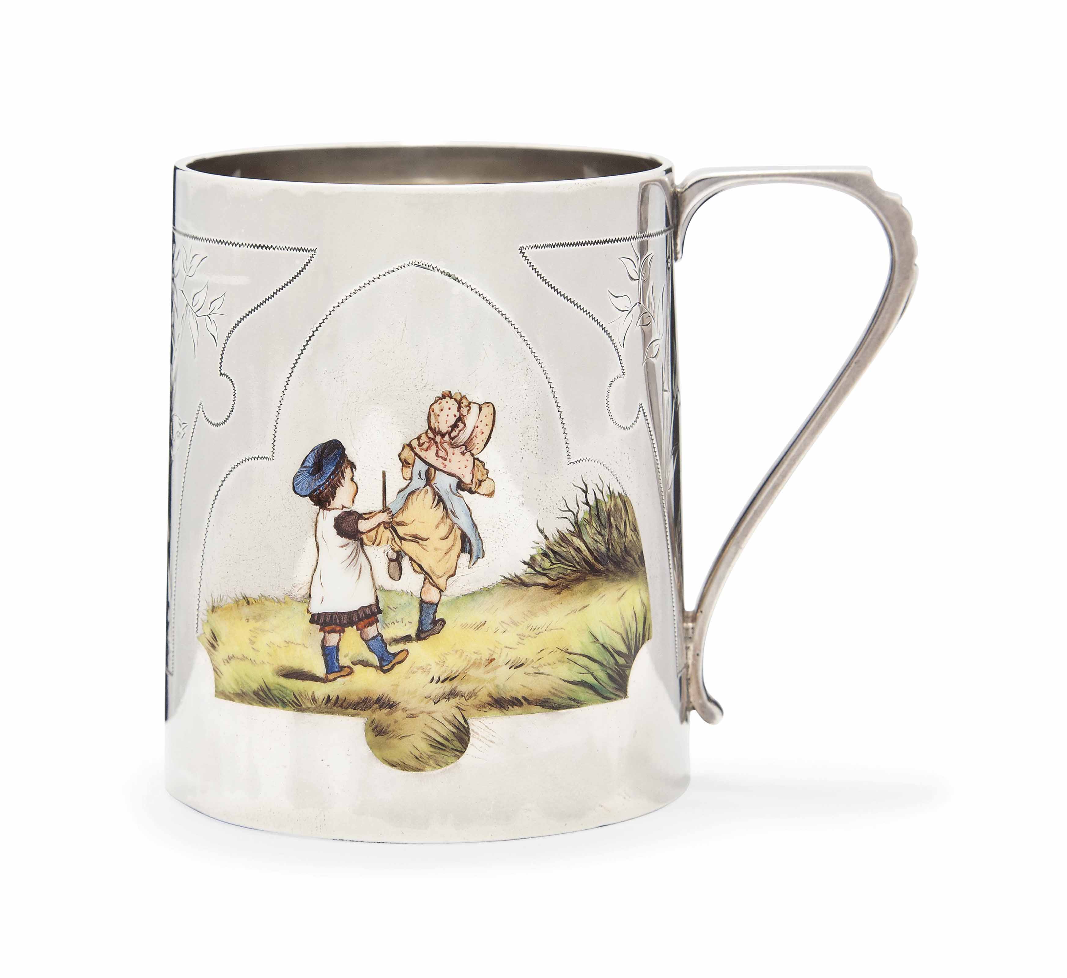 AN UNUSUAL VICTORIAN SILVER AND ENAMEL CHRISTENING MUG
