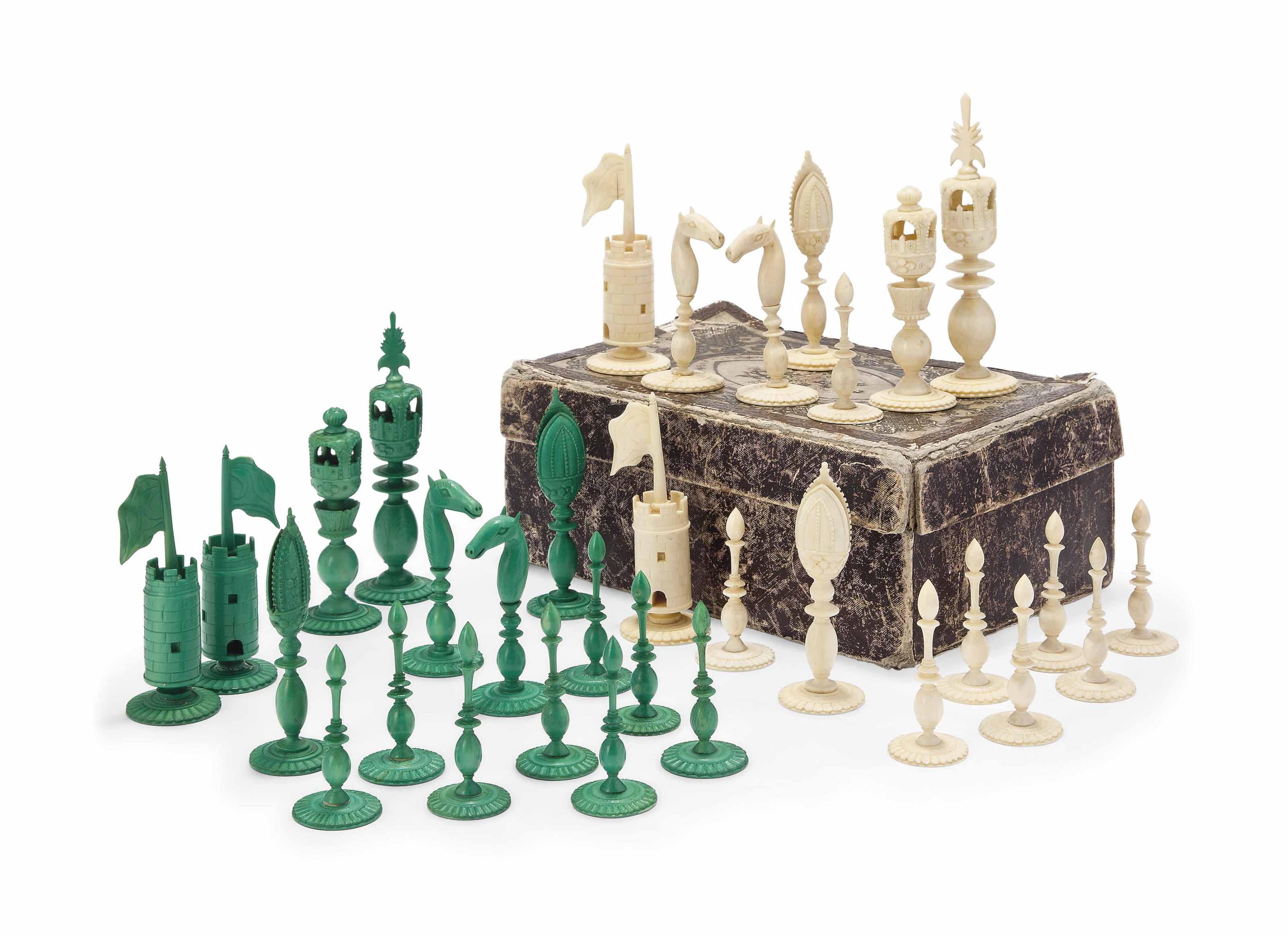 A Chinese Export Carved Ivory Burmese Type Chess Set Canton