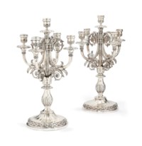 A PAIR OF RUSSIAN SILVER FIVE-LIGHT CANDELABRA 
