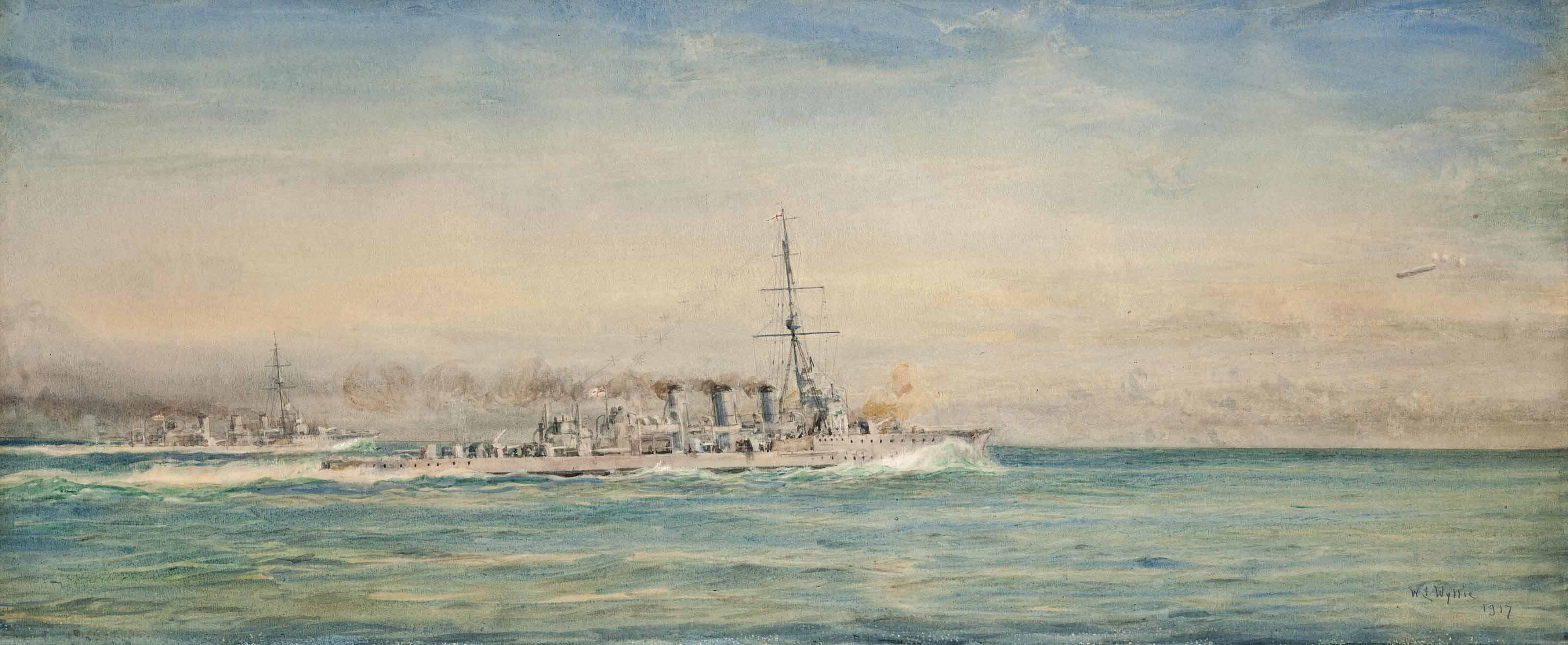 H.M.S. Galatea and her sistership, H.M.S. Phaeton, sighting and bringing down a Zeppelin off the Schleswig coast, 4th May 1916 (illustrated); and H.M.S. Galatea starting out for dark night patrol
