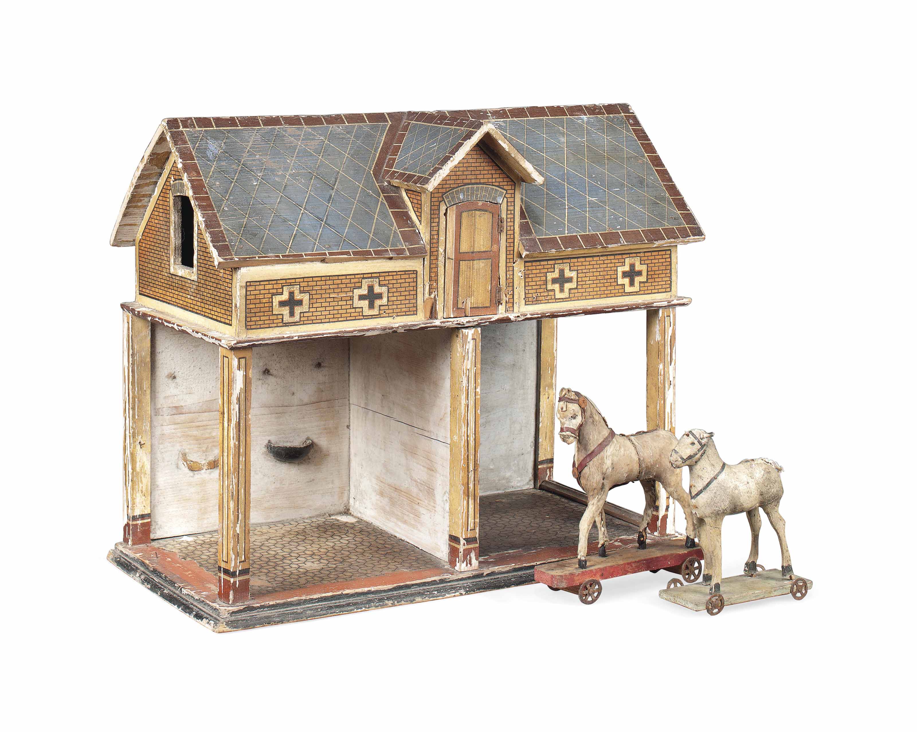 A PAINTED WOOD TOY STABLE WITH TWO HORSES , POSSIBLY GERMAN, LATE 19TH