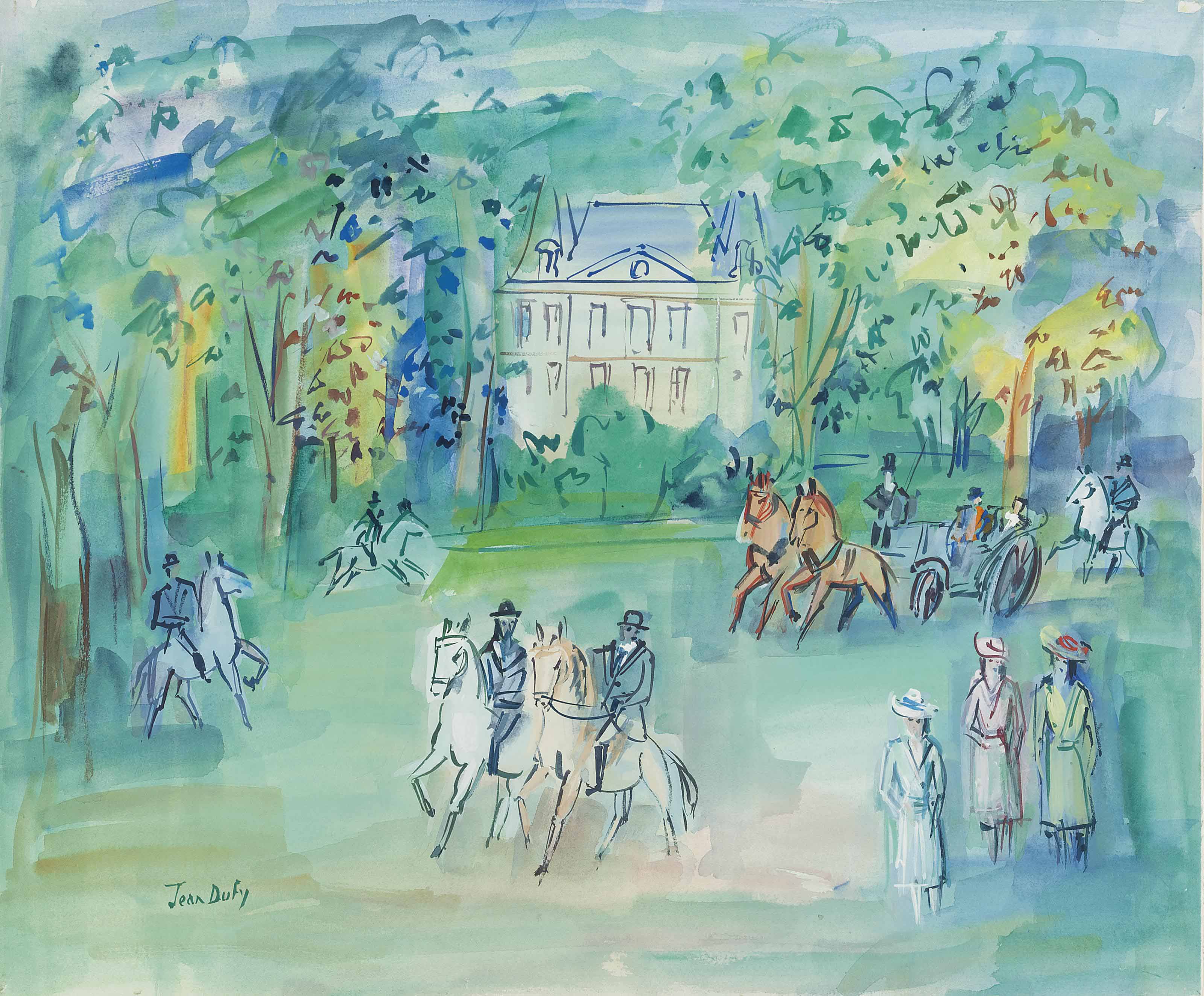 Jean Dufy (1888-1964) , Calèche et cavaliers au bois de Boulogne