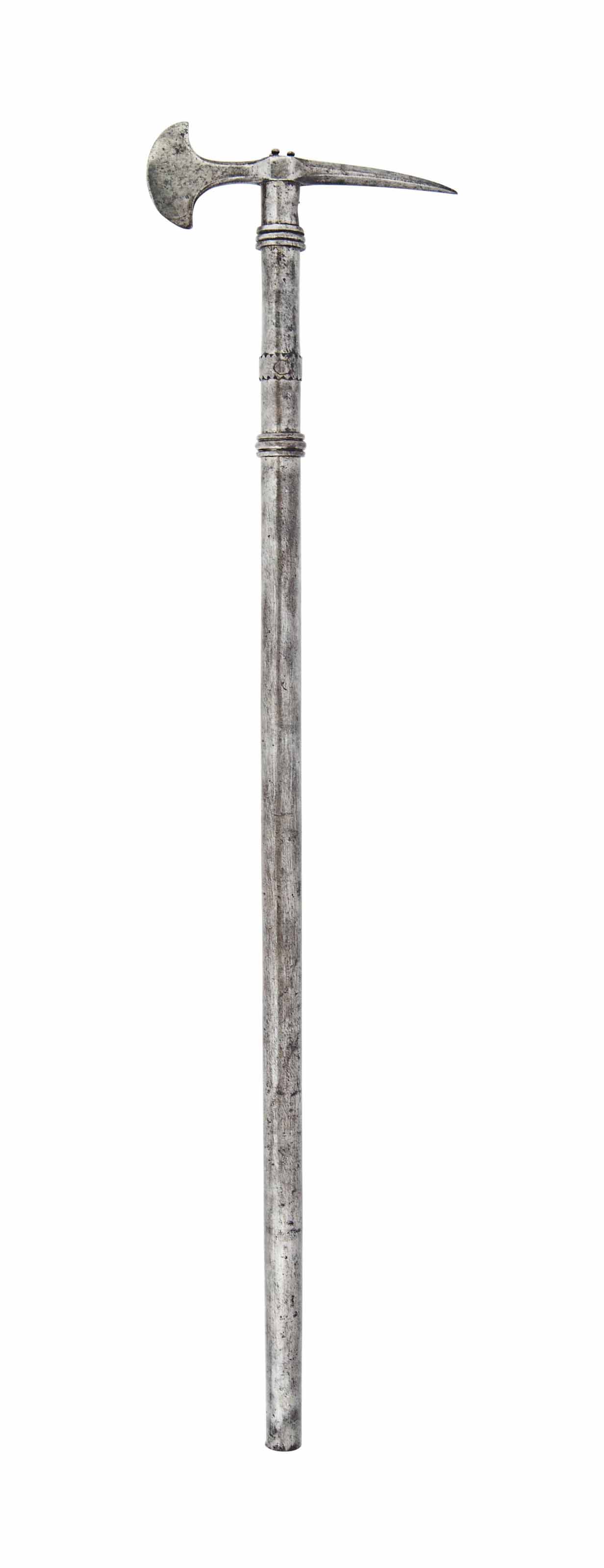 A DECORATIVE ALL STEEL POLE AXE  WITH RETRACTABLE SPIKE 