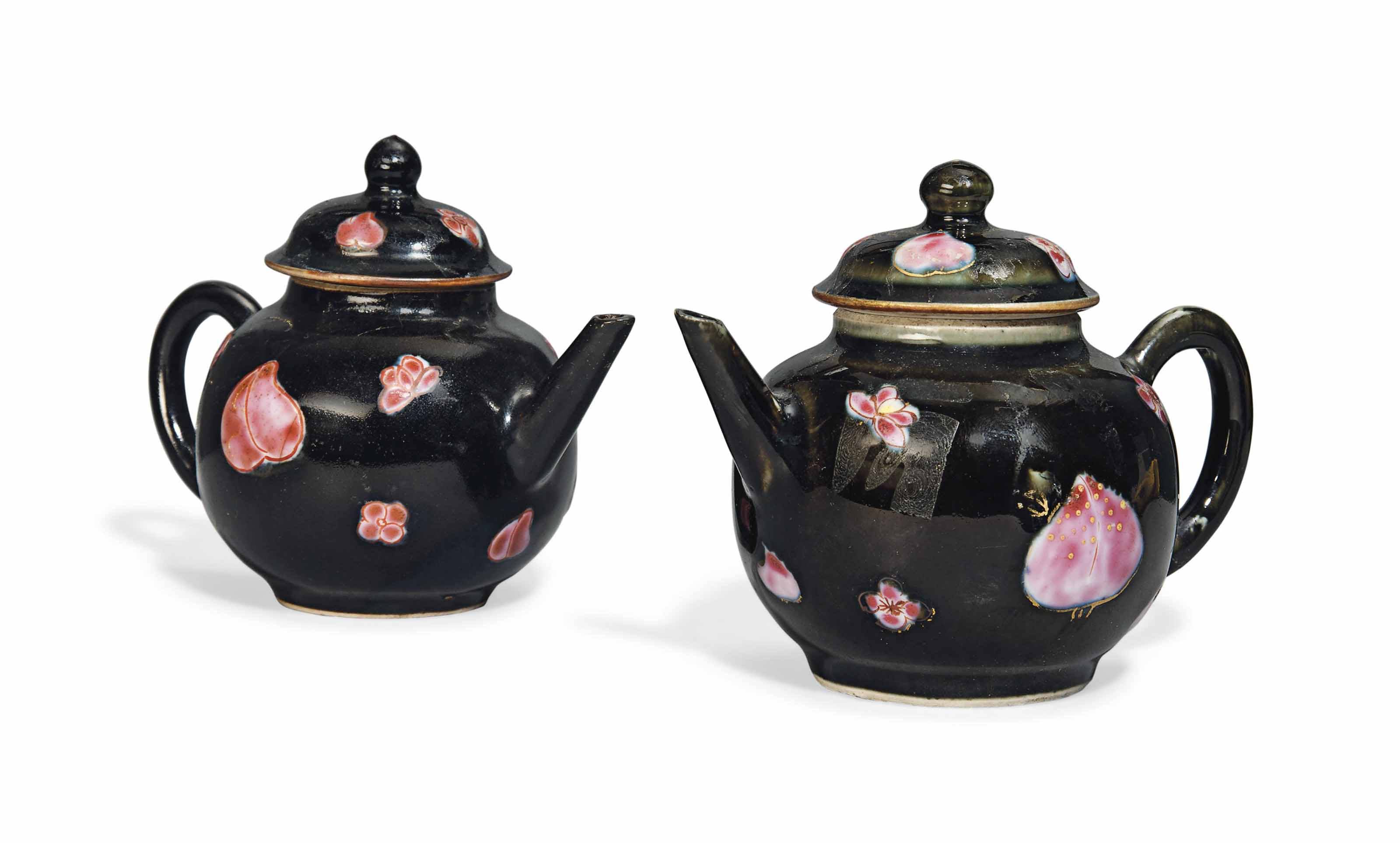 TWO MINIATURE CHINESE FAMILLE ROSE BLACKGROUND TEAPOTS AND COVERS